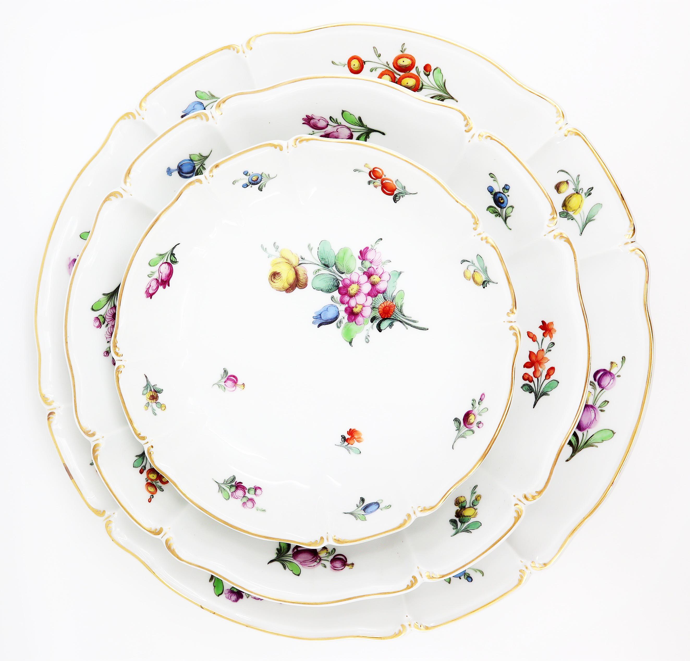 Hand-Painted Dinner Service, 19th Century Porcelain, German, Hand Painted with Flowers Décor