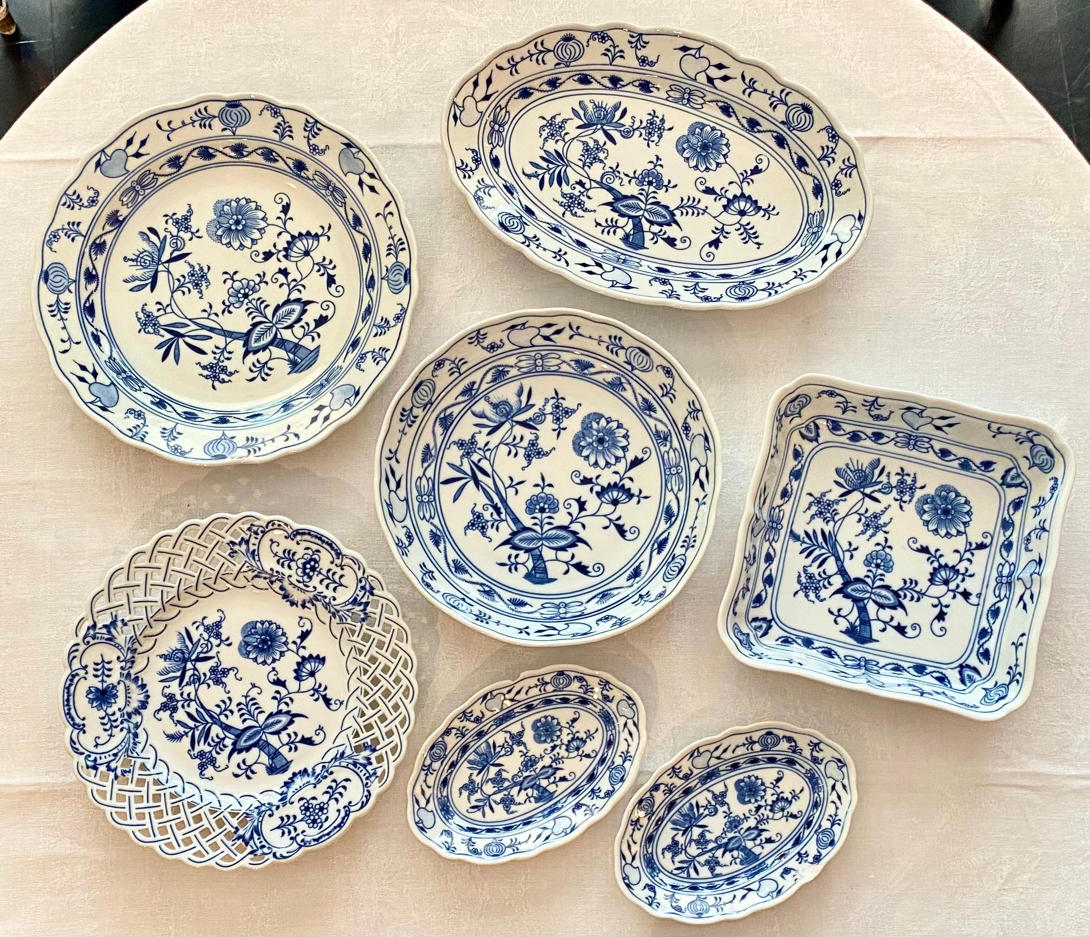 Czech Dinner Service, 86 Piece, Flow Blue and White, Classic Onion Meissen Pattern For Sale