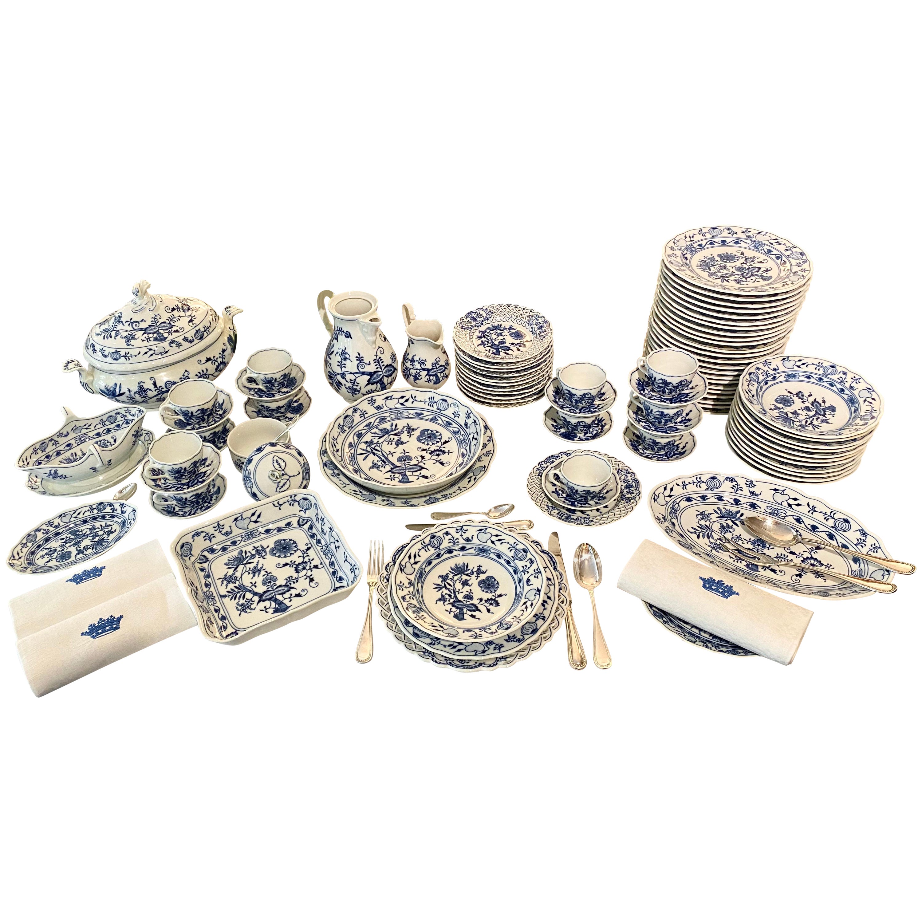 Dinner Service, 86 Piece, Flow Blue and White, Classic Onion Meissen Pattern