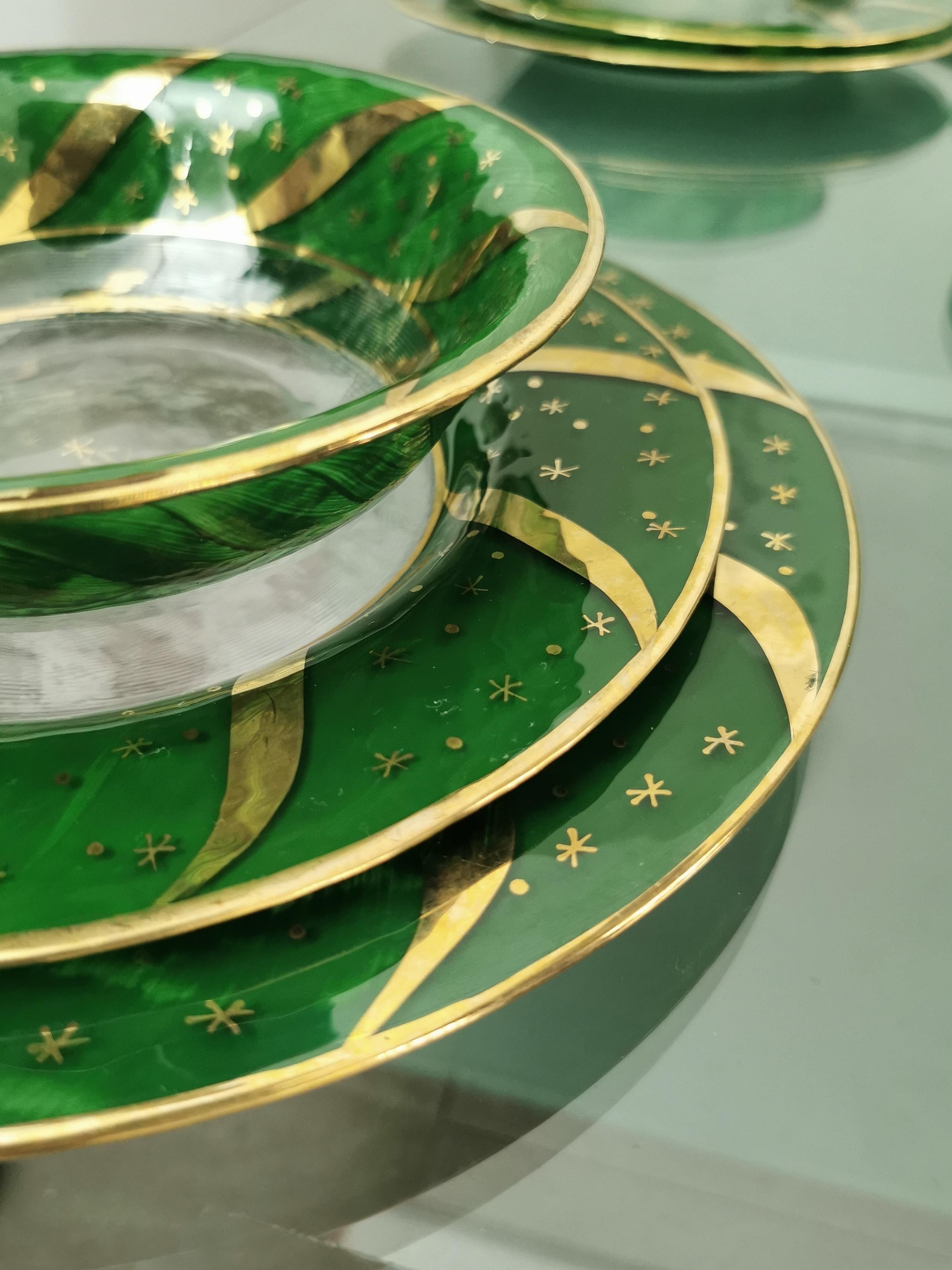 Dinner Service Decorated Glass Green Gold Midcentury Italy 1970s Set of 49 3