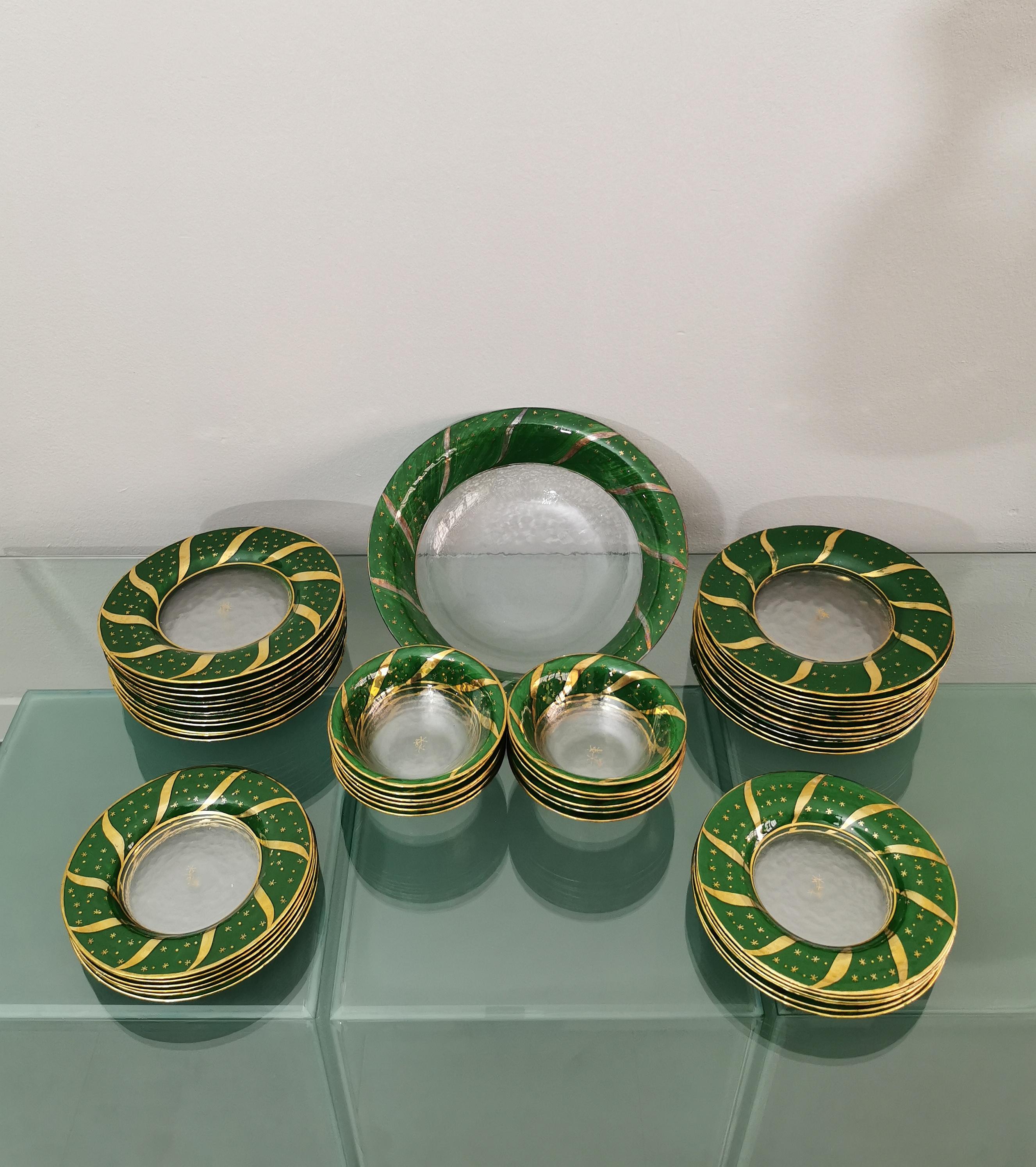 Dinner Service Decorated Glass Green Gold Midcentury Italy 1970s Set of 49 4