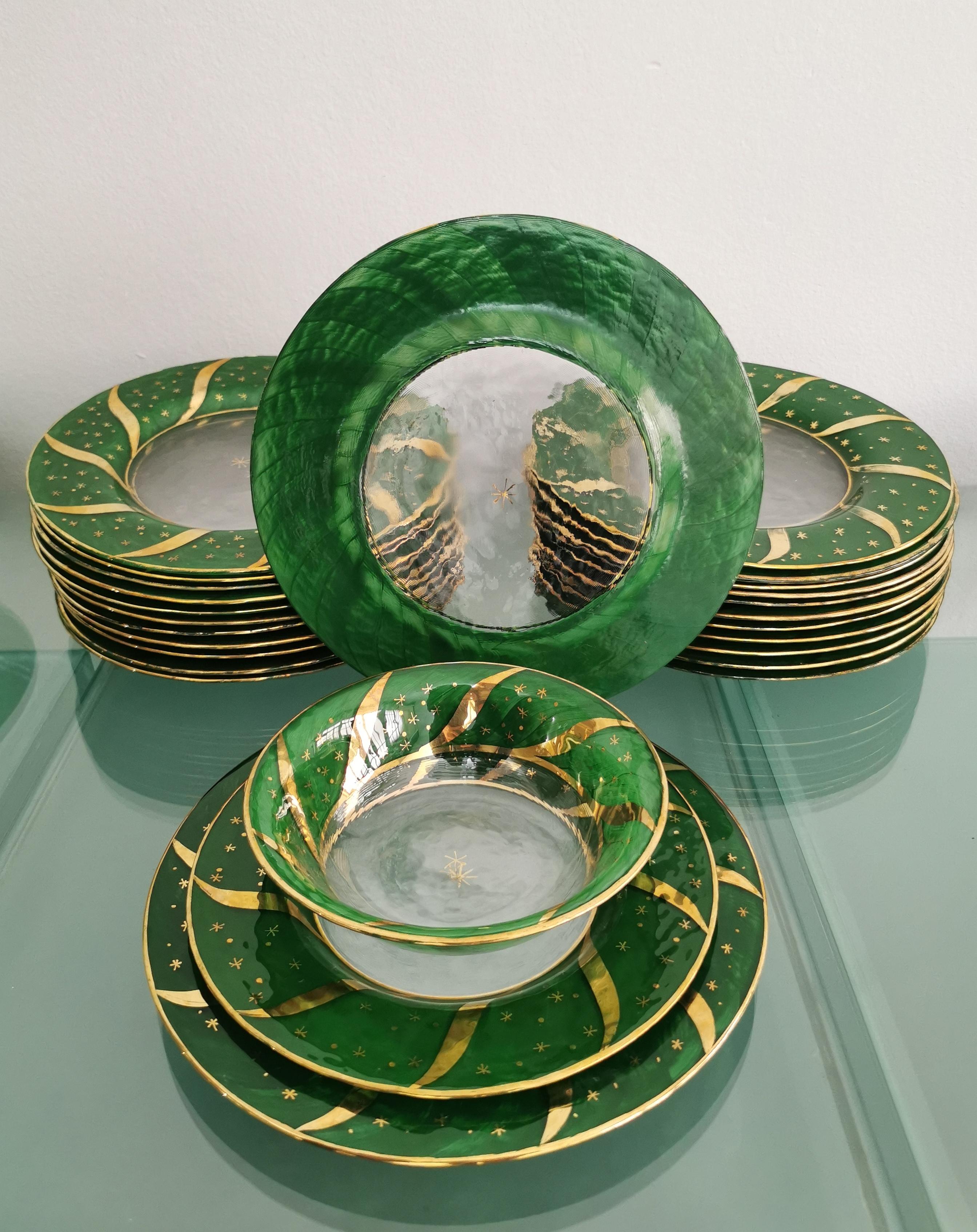 Dinner Service Decorated Glass Green Gold Midcentury Italy 1970s Set of 49 5