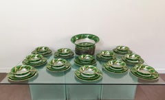 Dinner Service Decorated Glass Green Gold Midcentury Italy 1970s Set of 49