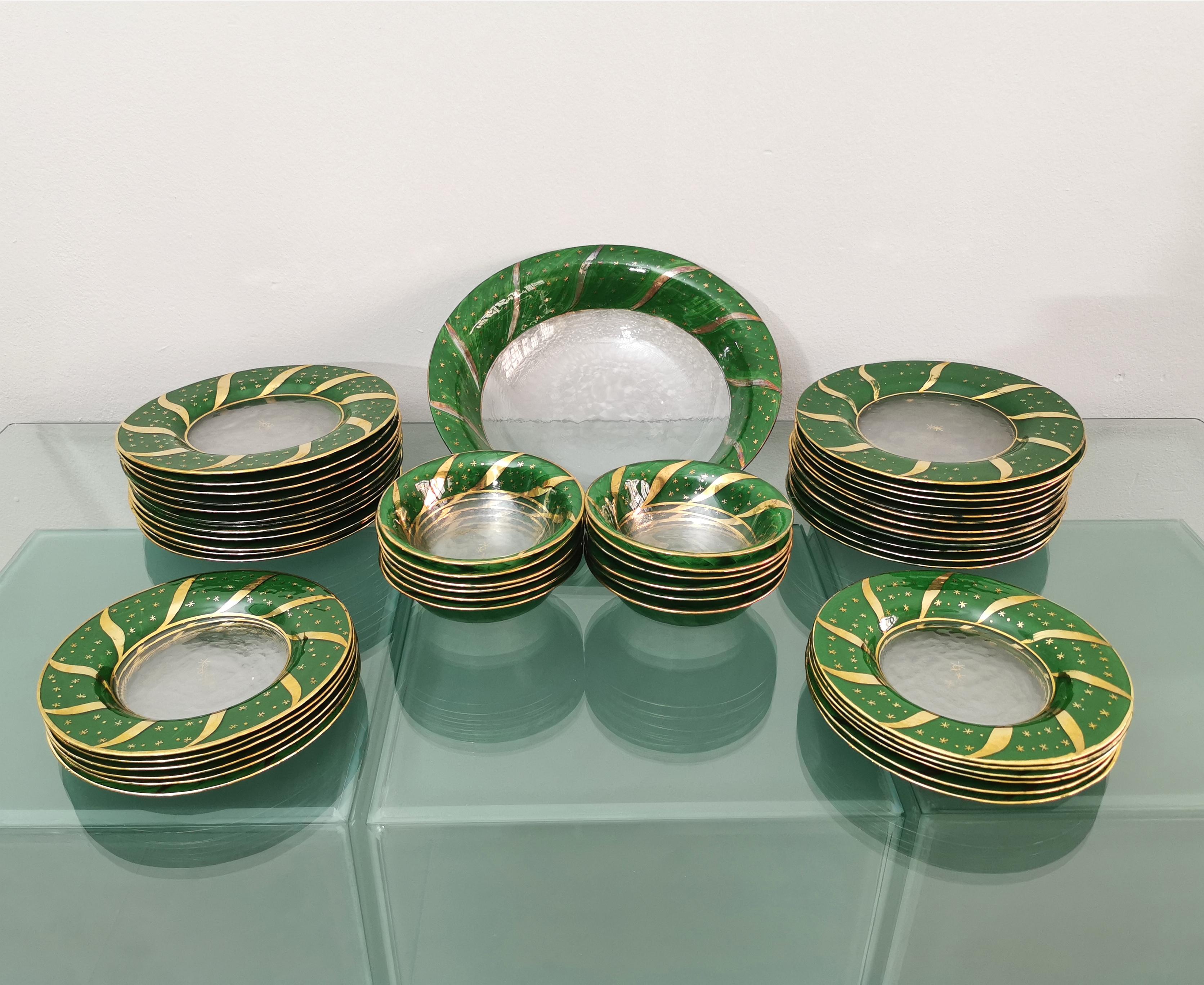 Mid-Century Modern Dinner Service Decorated Glass Green Gold Midcentury Italy 1970s Set of 49