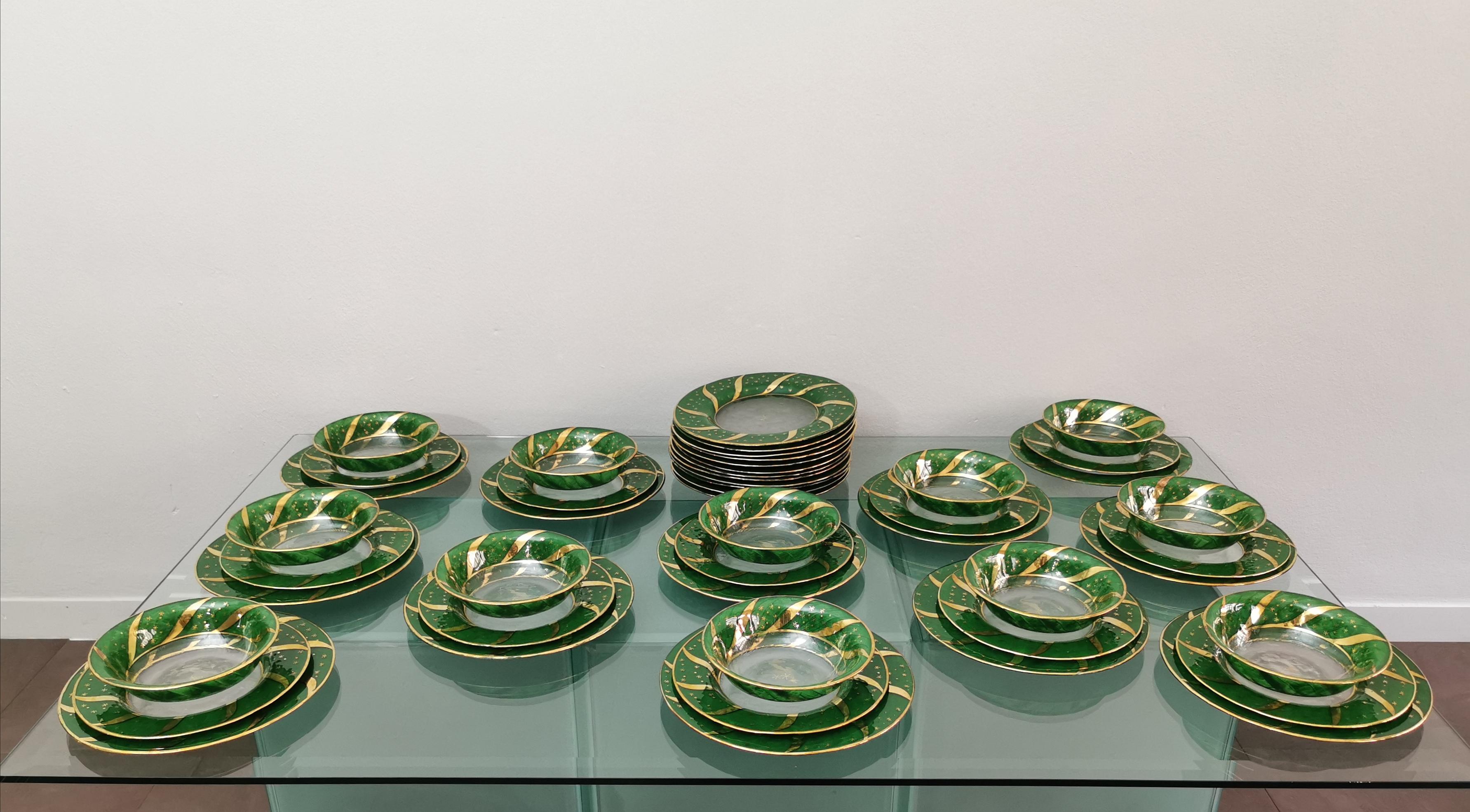Italian Dinner Service Decorated Glass Green Gold Midcentury Italy 1970s Set of 49