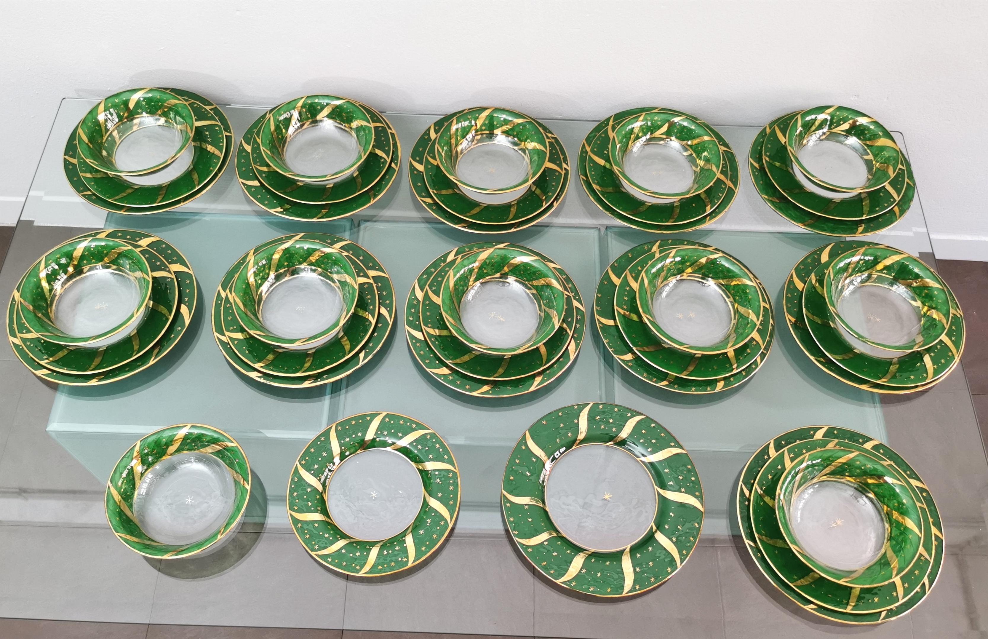 Painted Dinner Service Decorated Glass Green Gold Midcentury Italy 1970s Set of 49