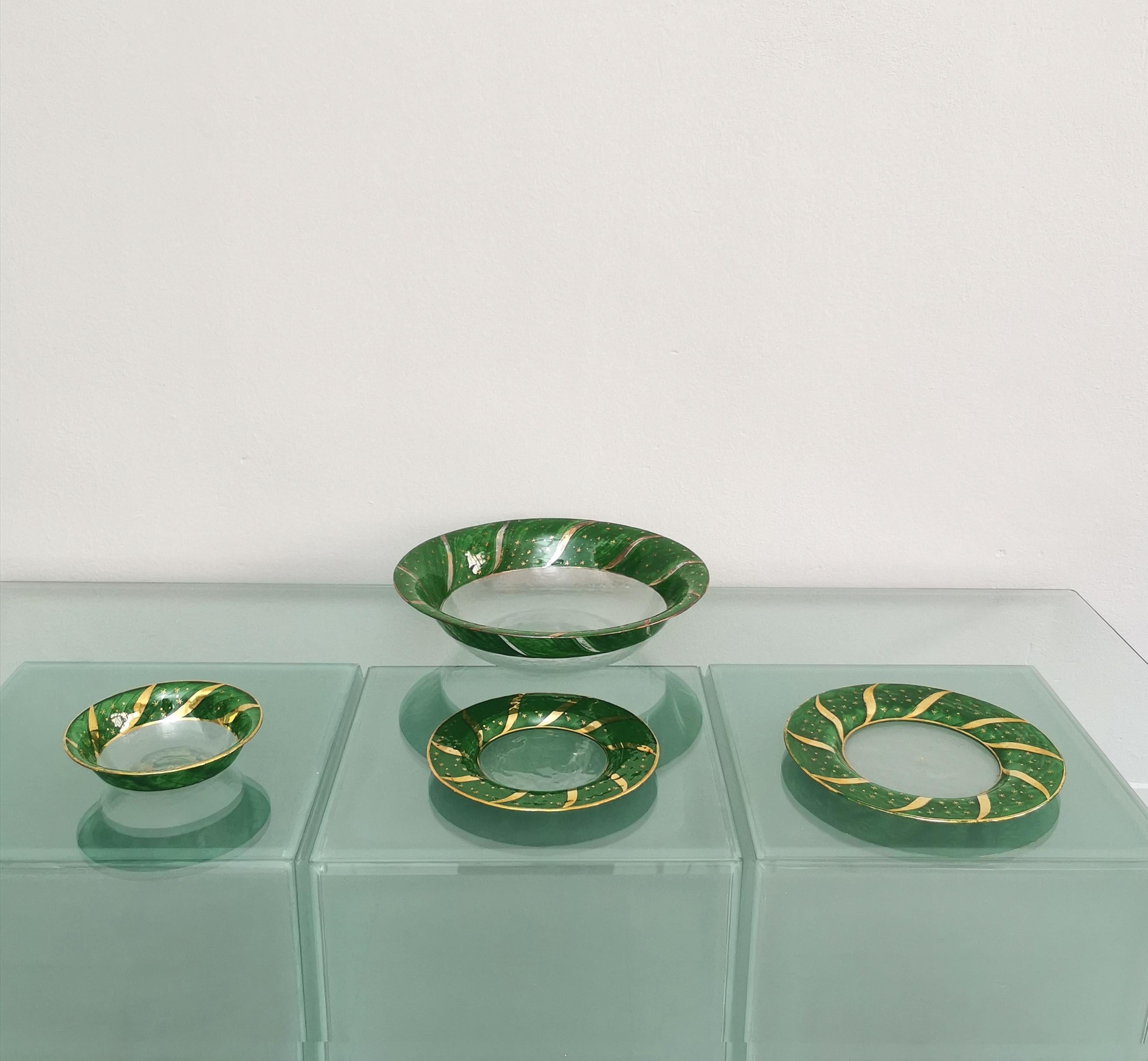 20th Century Dinner Service Decorated Glass Green Gold Midcentury Italy 1970s Set of 49