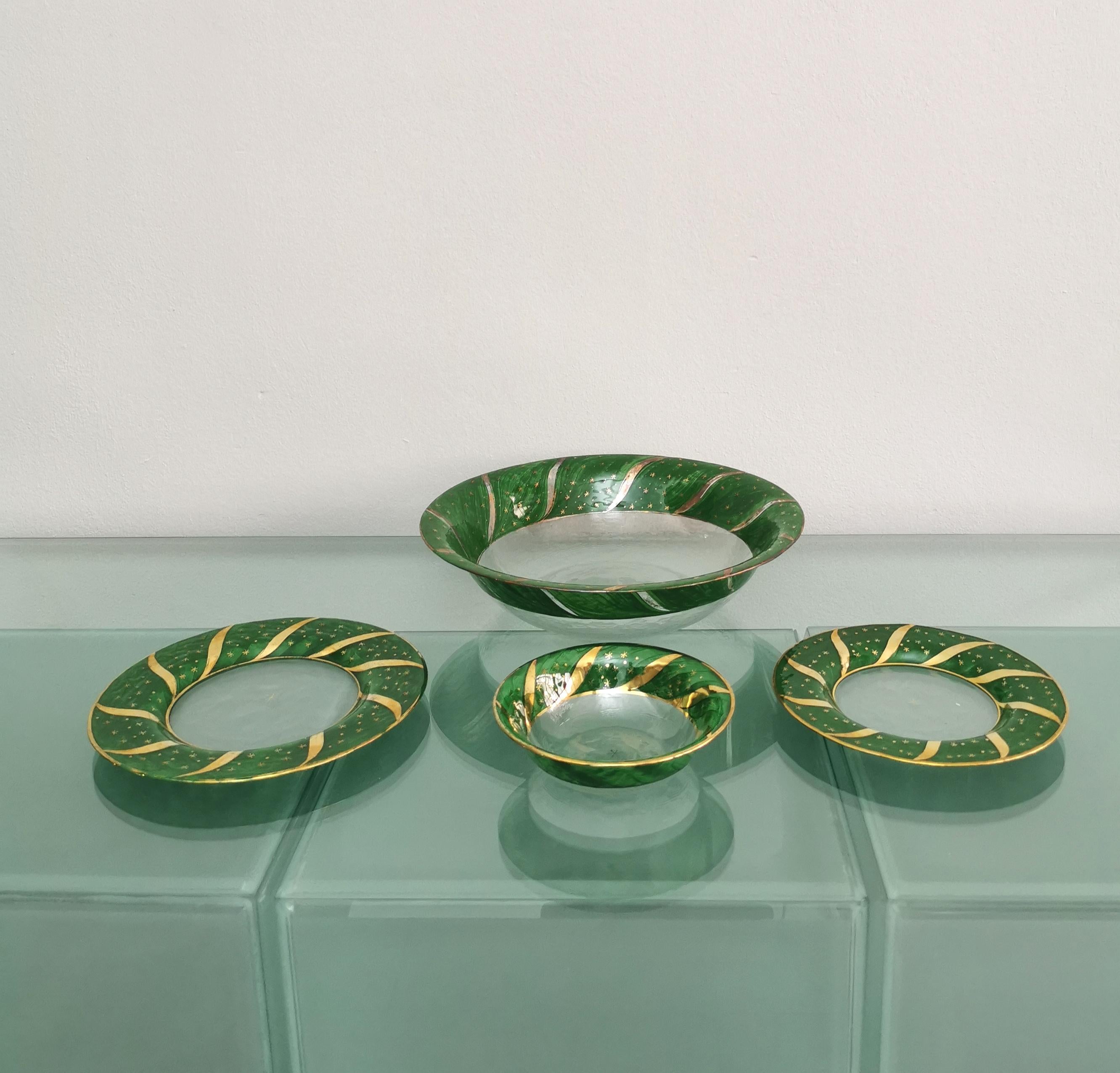 Dinner Service Decorated Glass Green Gold Midcentury Italy 1970s Set of 49 1