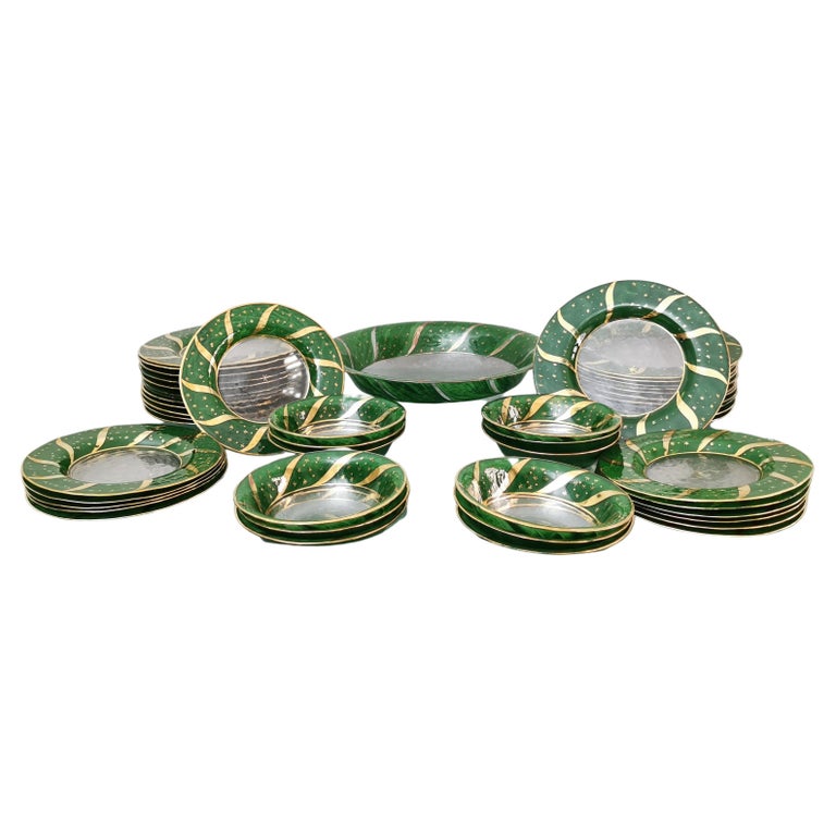 Dinner Service Decorated Glass Green Gold Midcentury Italy 1970s Set of