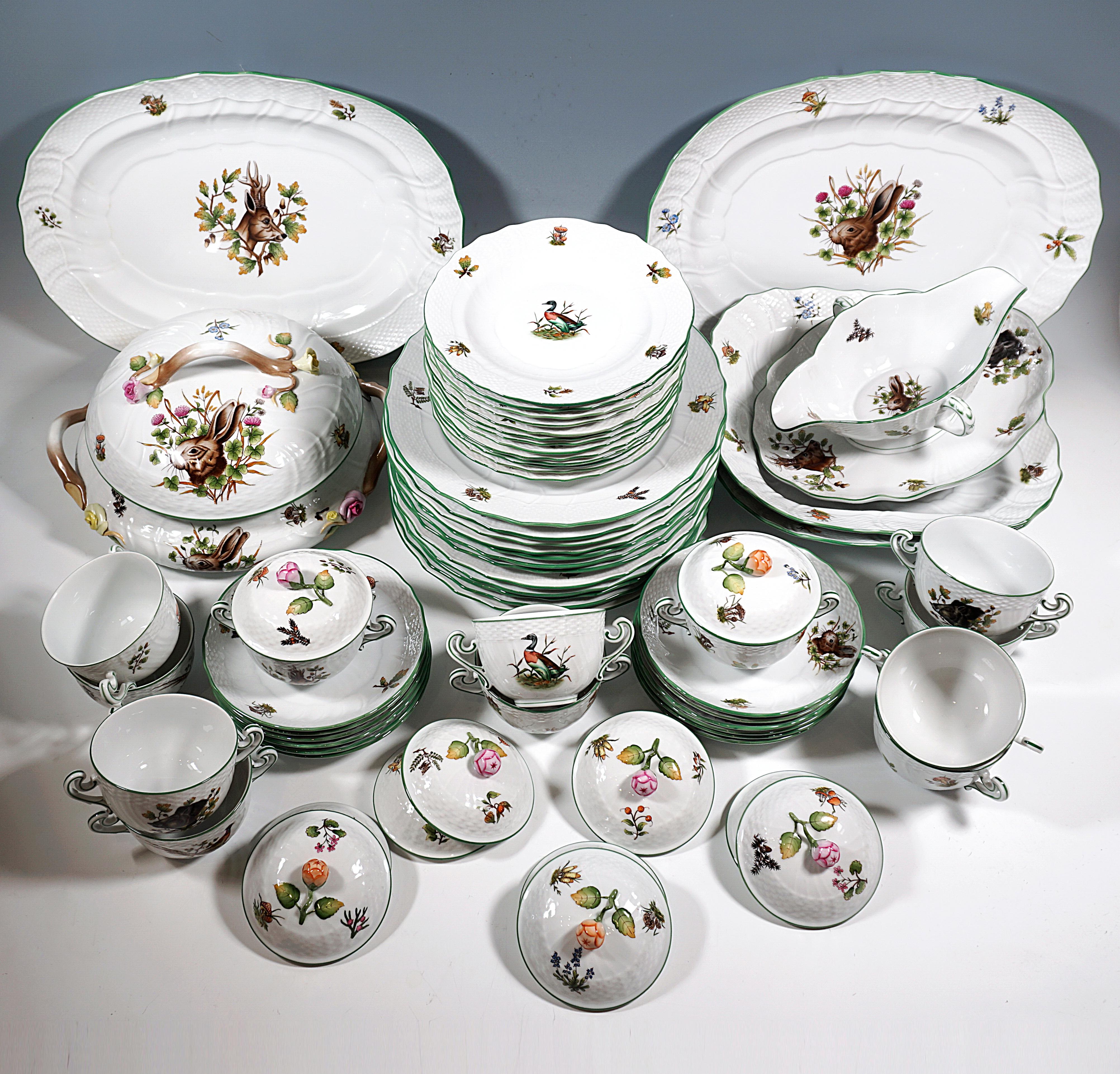 Excellent Herend dinner service consisting of 54 parts:
1 soup tureen, 12 soup bowls with lids, 12 saucers, 12 dinner plates, 12 bread/dessert plates, 1 sauce boat, 2 oval serving plates, 2 square side dishes.

Form:   Neuosier, basket edge relief