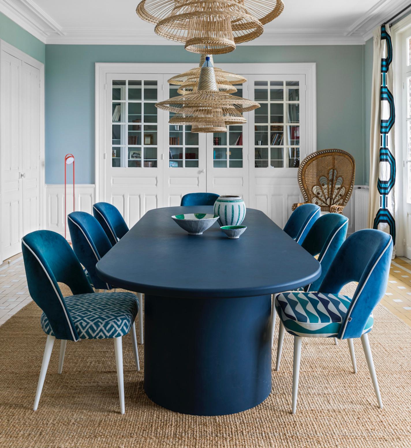 Dinning Chair Ava Brass Fittings Textured Blue Seat and Solid Dark Blue Backrest For Sale 4