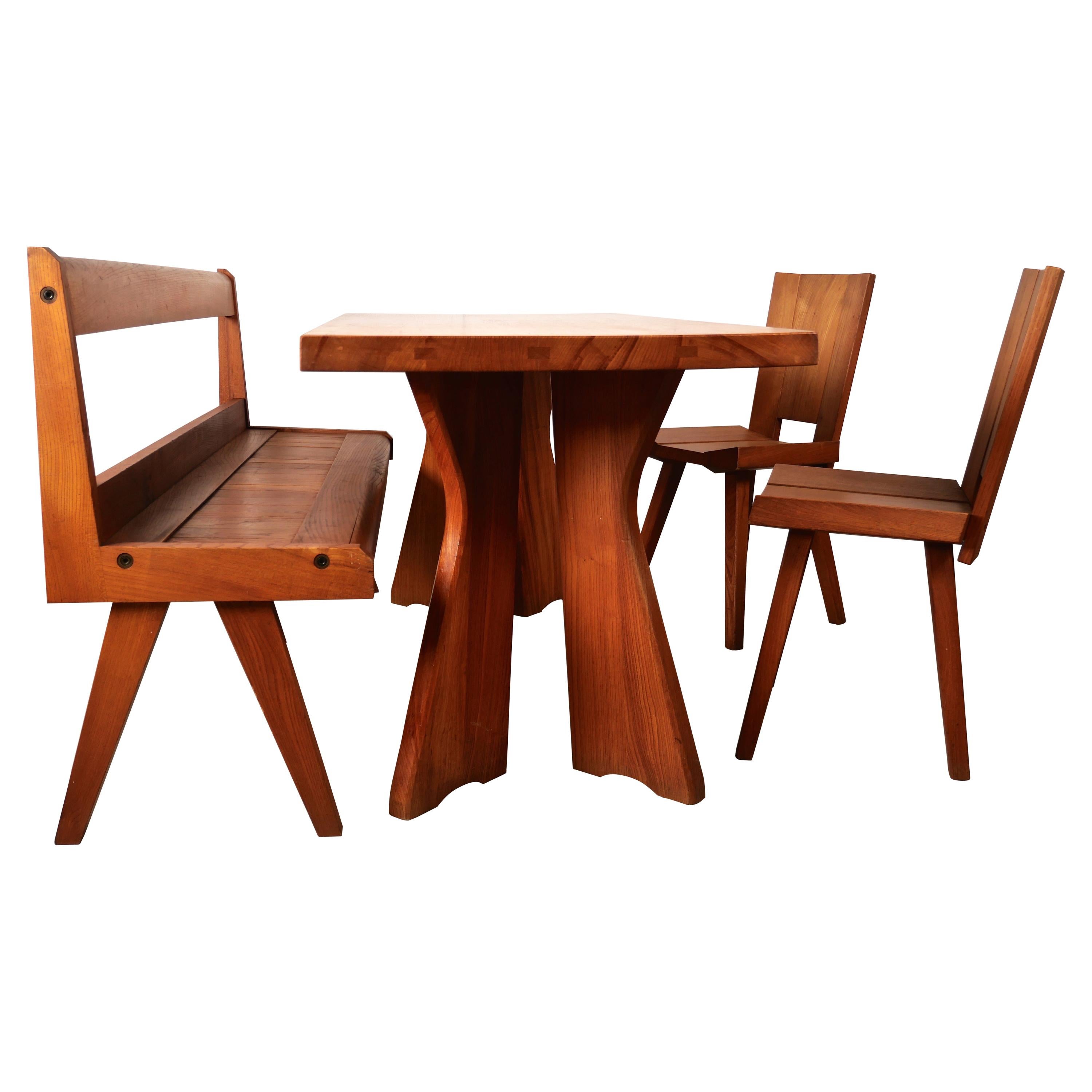 Dinning Set in Solid French Elm by Seltz, France, 1970