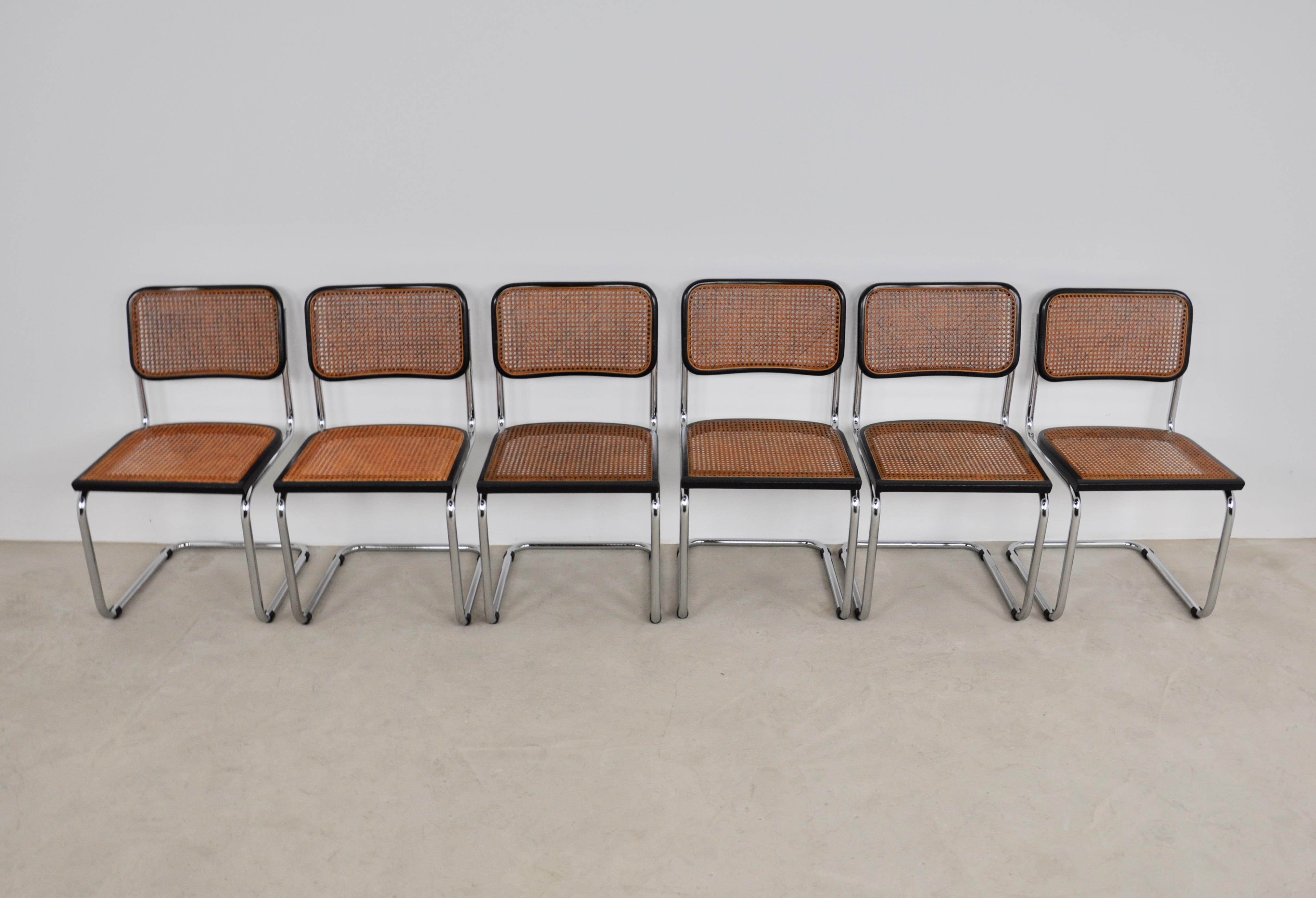 Set of 6 chairs in metal, wicker and wood. Slight wear due to time and the age of the chairs (1980S).