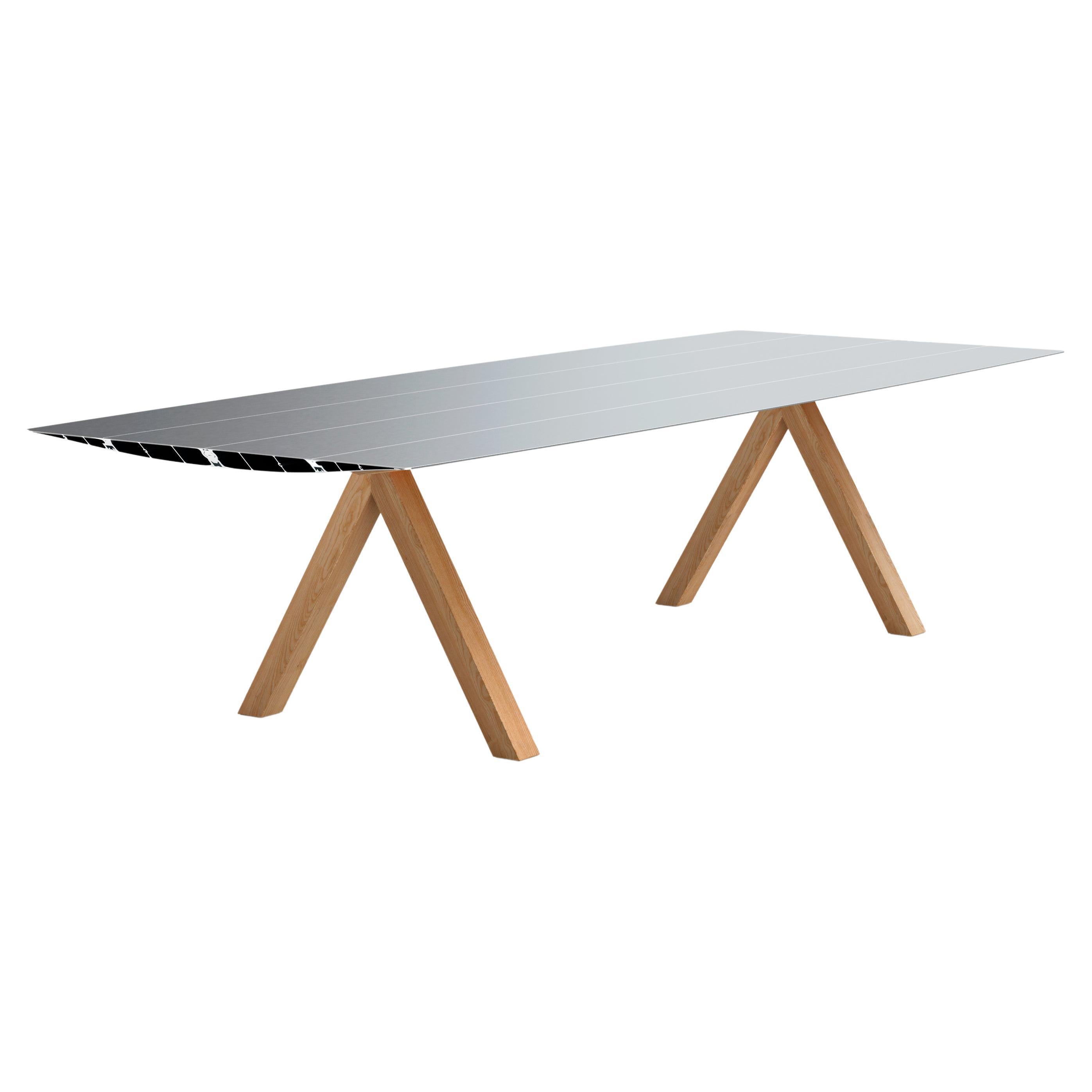 Mesa de comedor / escritorio de oficina contemporáneo de aluminio para interior/exterior, patas de madera 