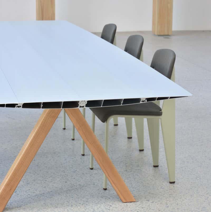 Laminated Dinning Table B Aluminum Anodized Silver Top Wooden Legs For Sale