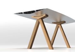 Dinning Table B 90cm x 200cm Aluminum Anodized Silver Top Wooden Legs