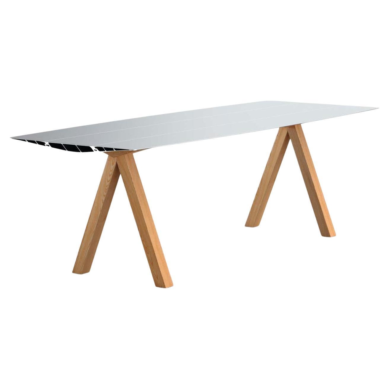 Dinning Table B 90cm x 200cm Aluminum Anodized Silver Top Wooden Legs For Sale