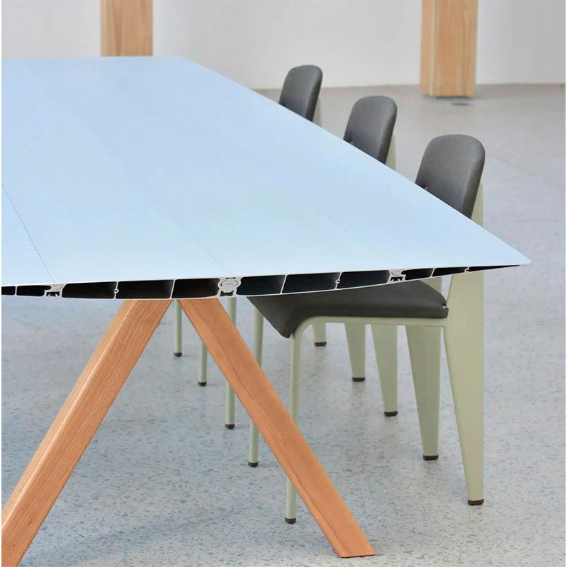 Modern Dinning Table B Aluminum Anodized Silver Top Wooden Legs For Sale