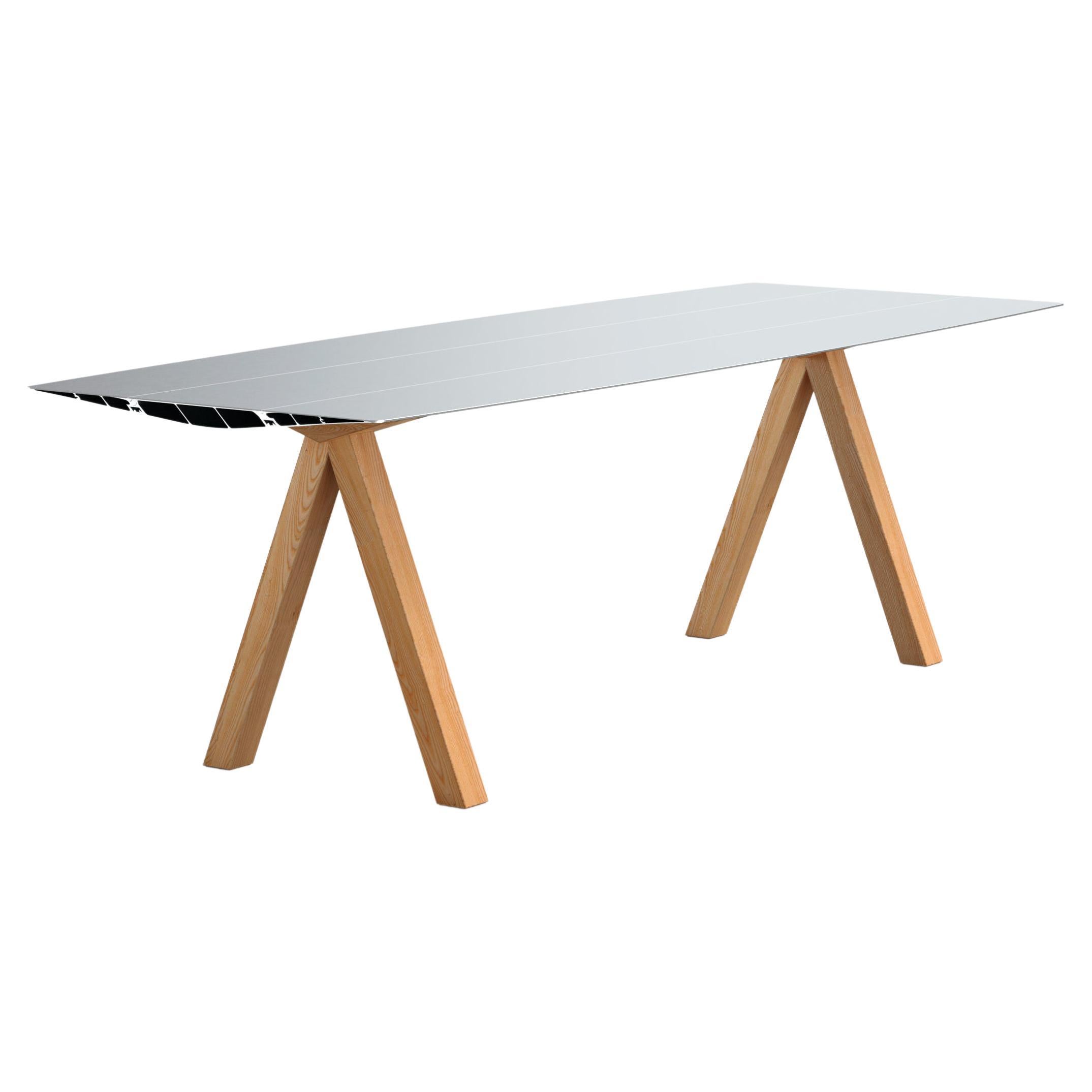 Contempory Dinning table model "Table B" Aluminum Silver Top Wooden legs 