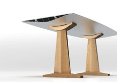 Dinning Table B Anodized Silver Top with Wood Trestle Legs