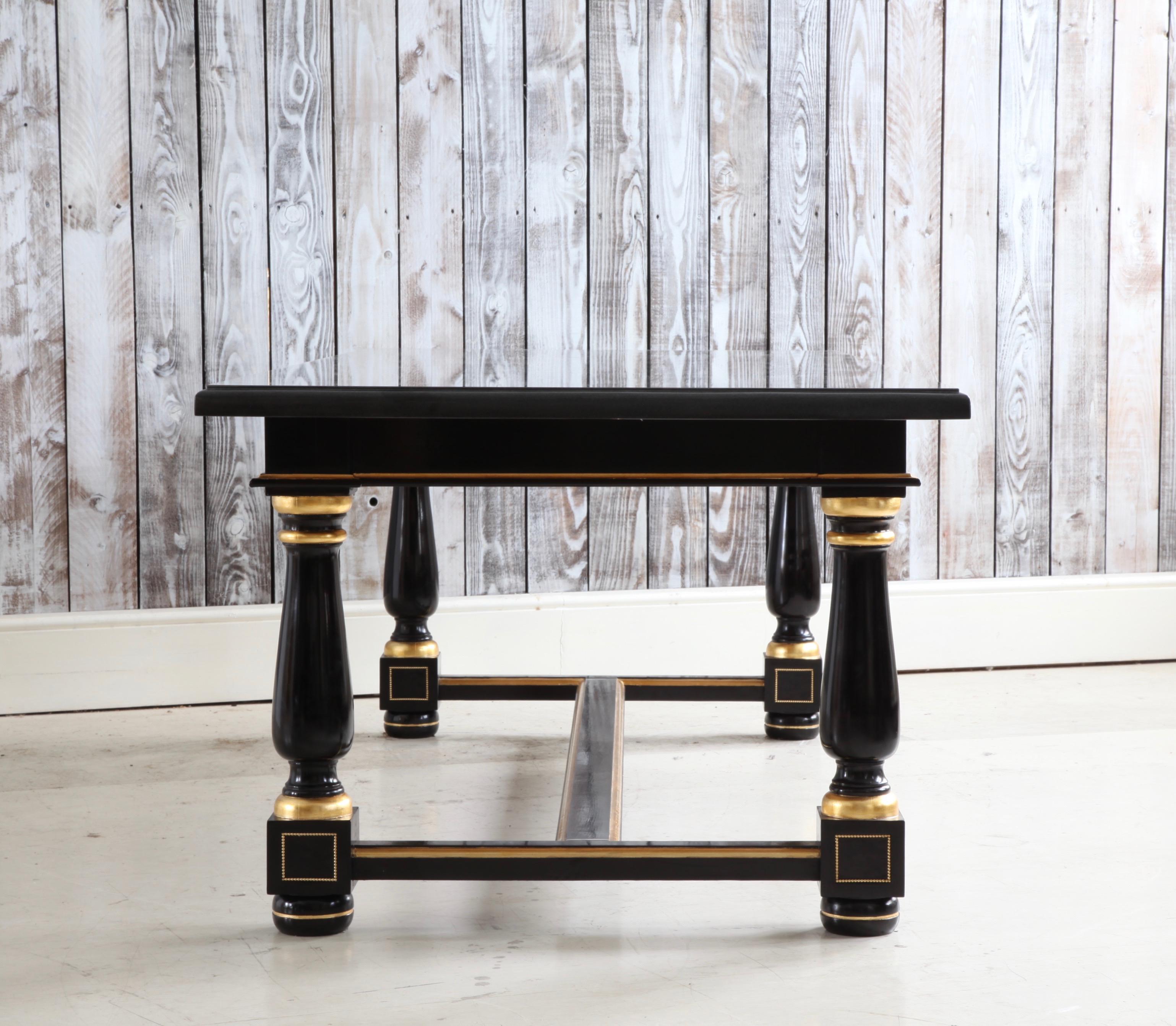 Contemporary Dinning Table Black Lacquered with Gold Highlights and Ormolu Pearls For Sale