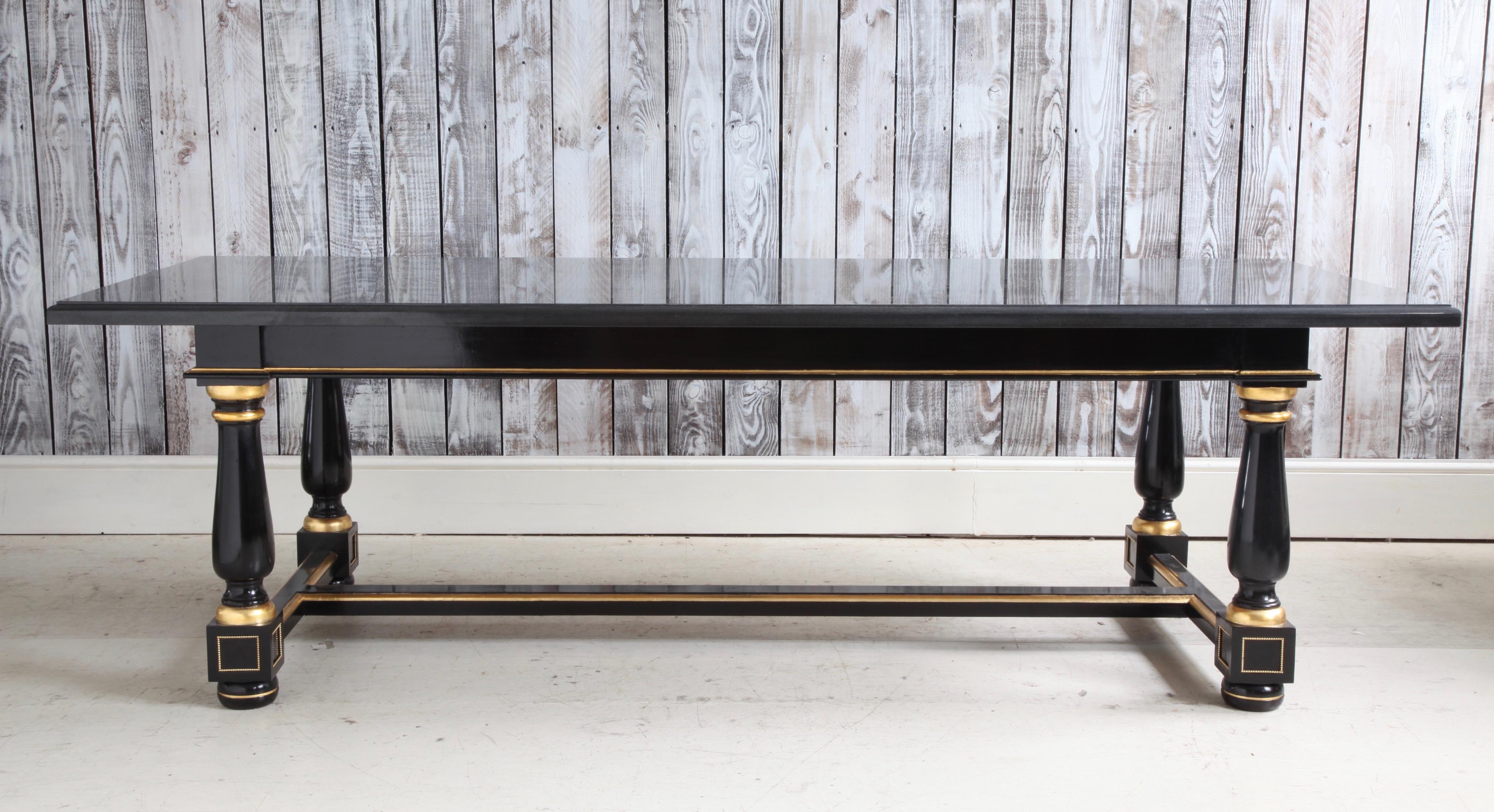 Hardwood Dinning Table Black Lacquered with Gold Highlights and Ormolu Pearls For Sale