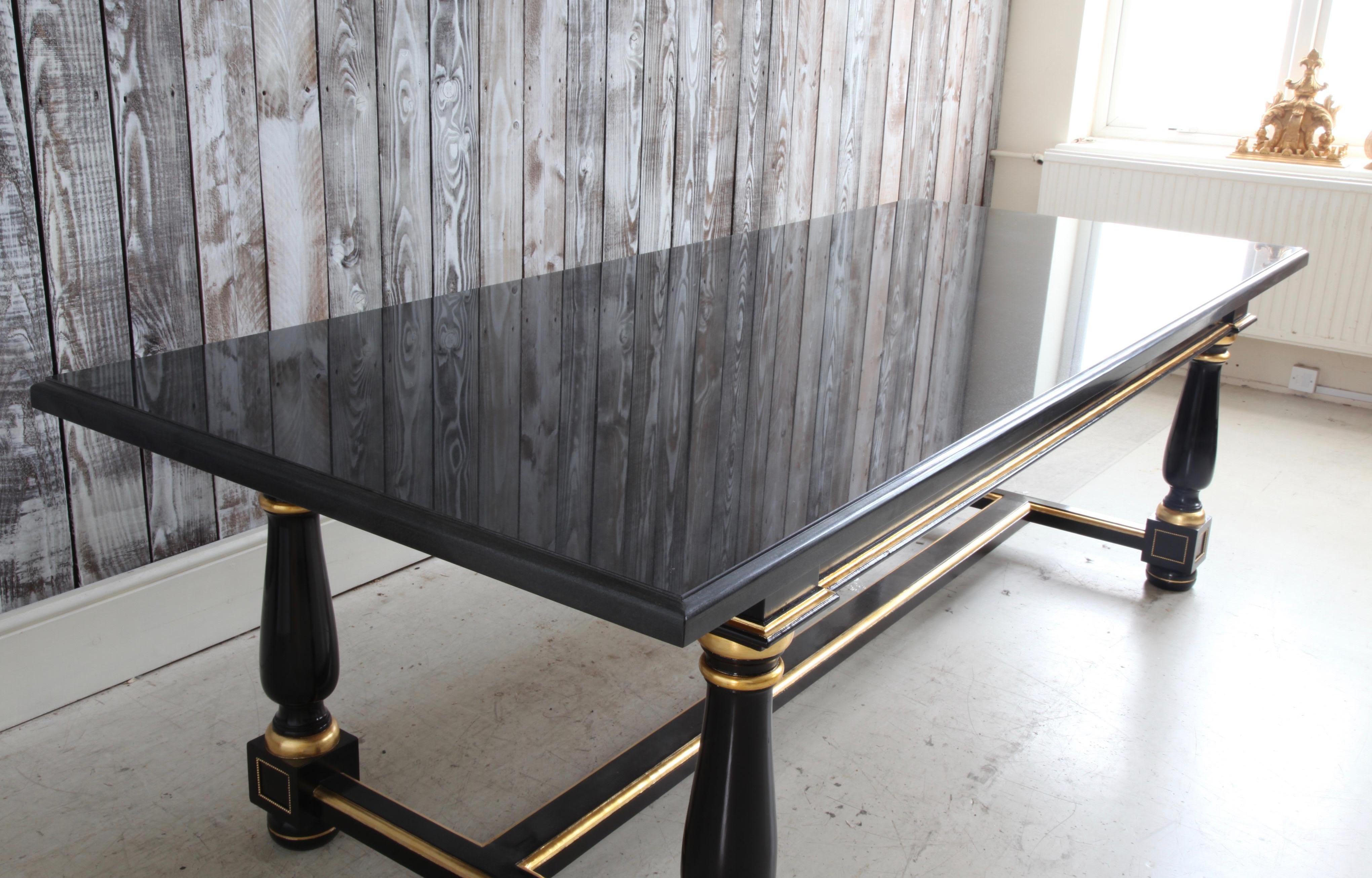 Louis XVI Dinning Table Black Lacquered with Gold Highlights and Ormolu Pearls For Sale