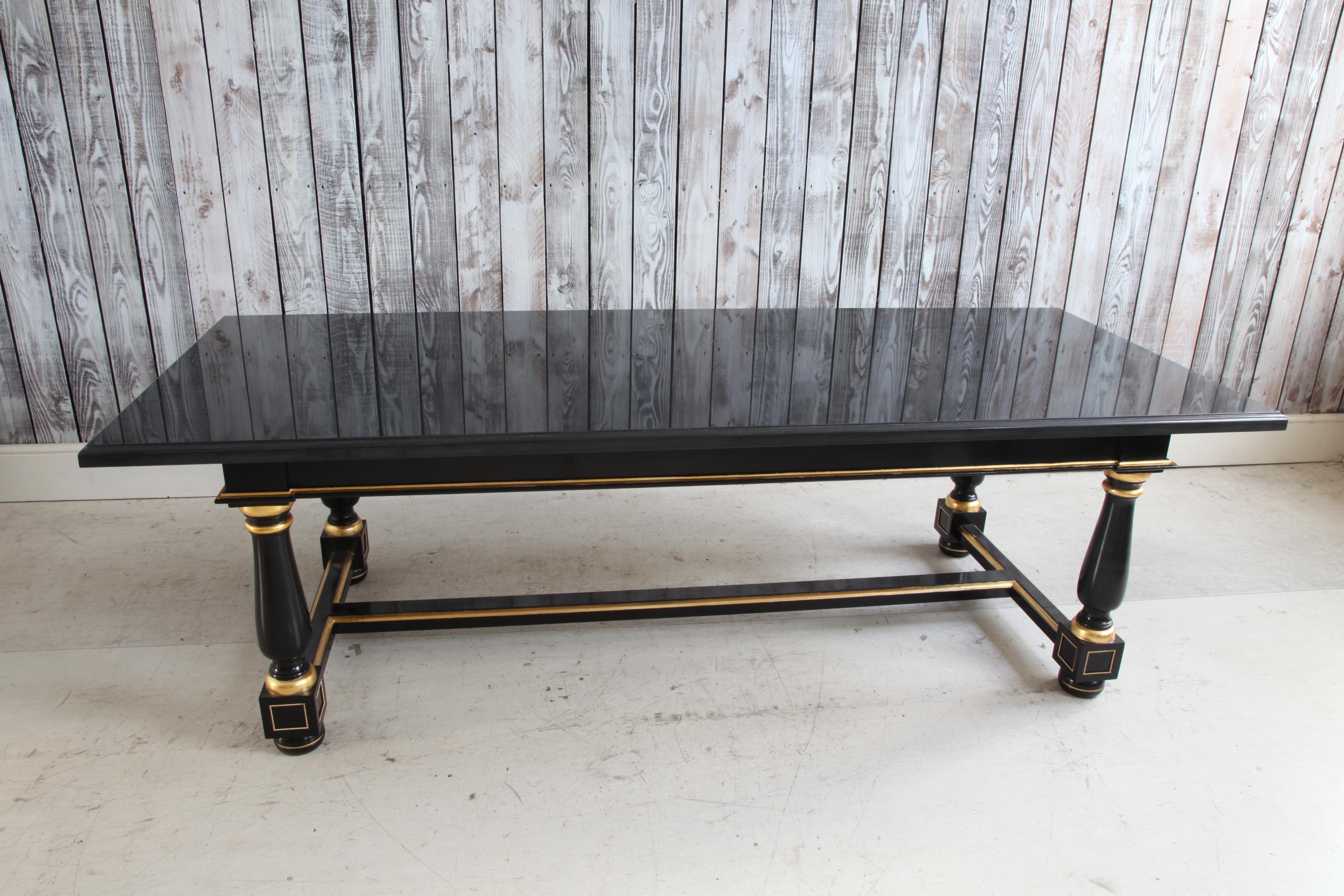 Gilt Dinning Table Black Lacquered with Gold Highlights and Ormolu Pearls For Sale