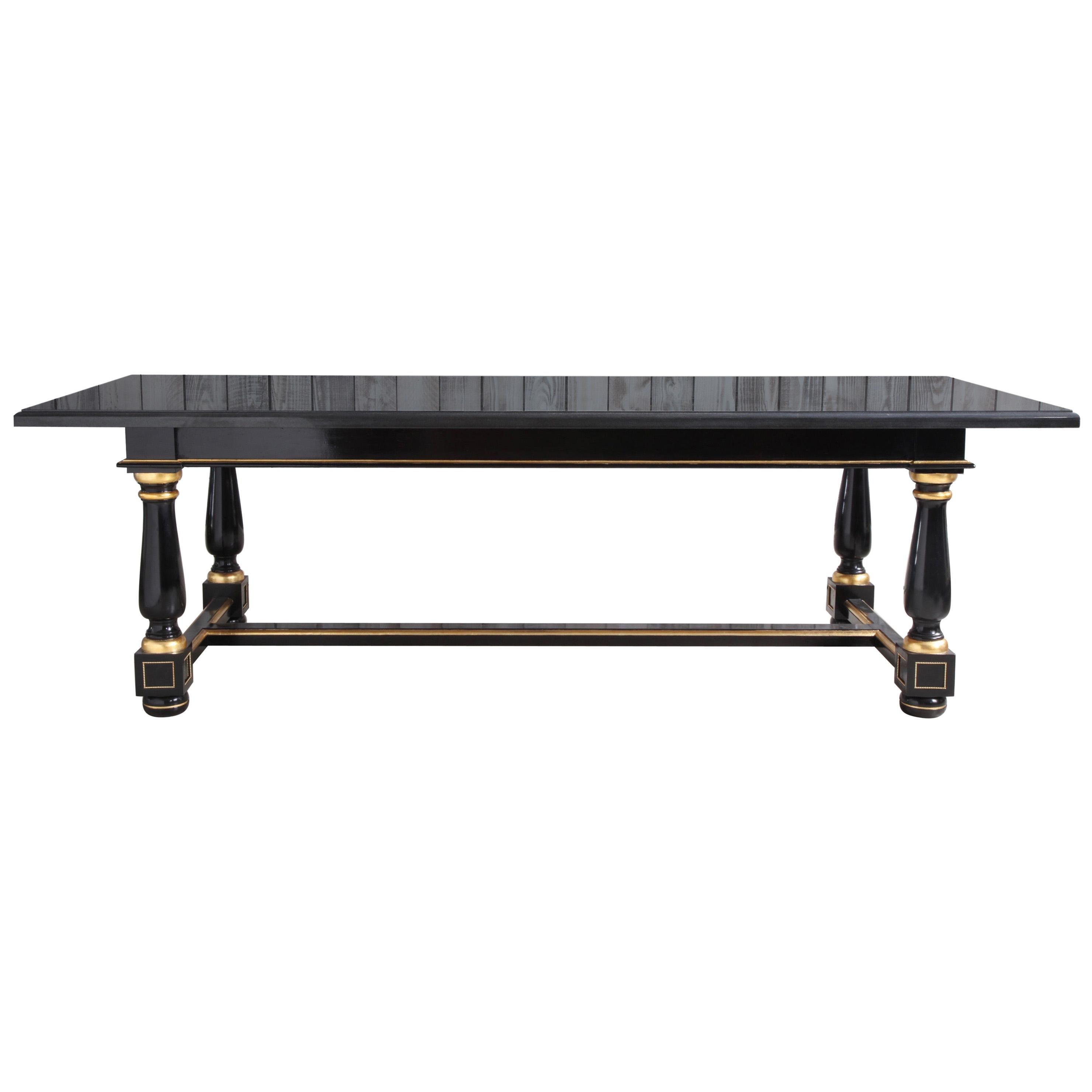 Dinning Table Black Lacquered with Gold Highlights and Ormolu Pearls For Sale
