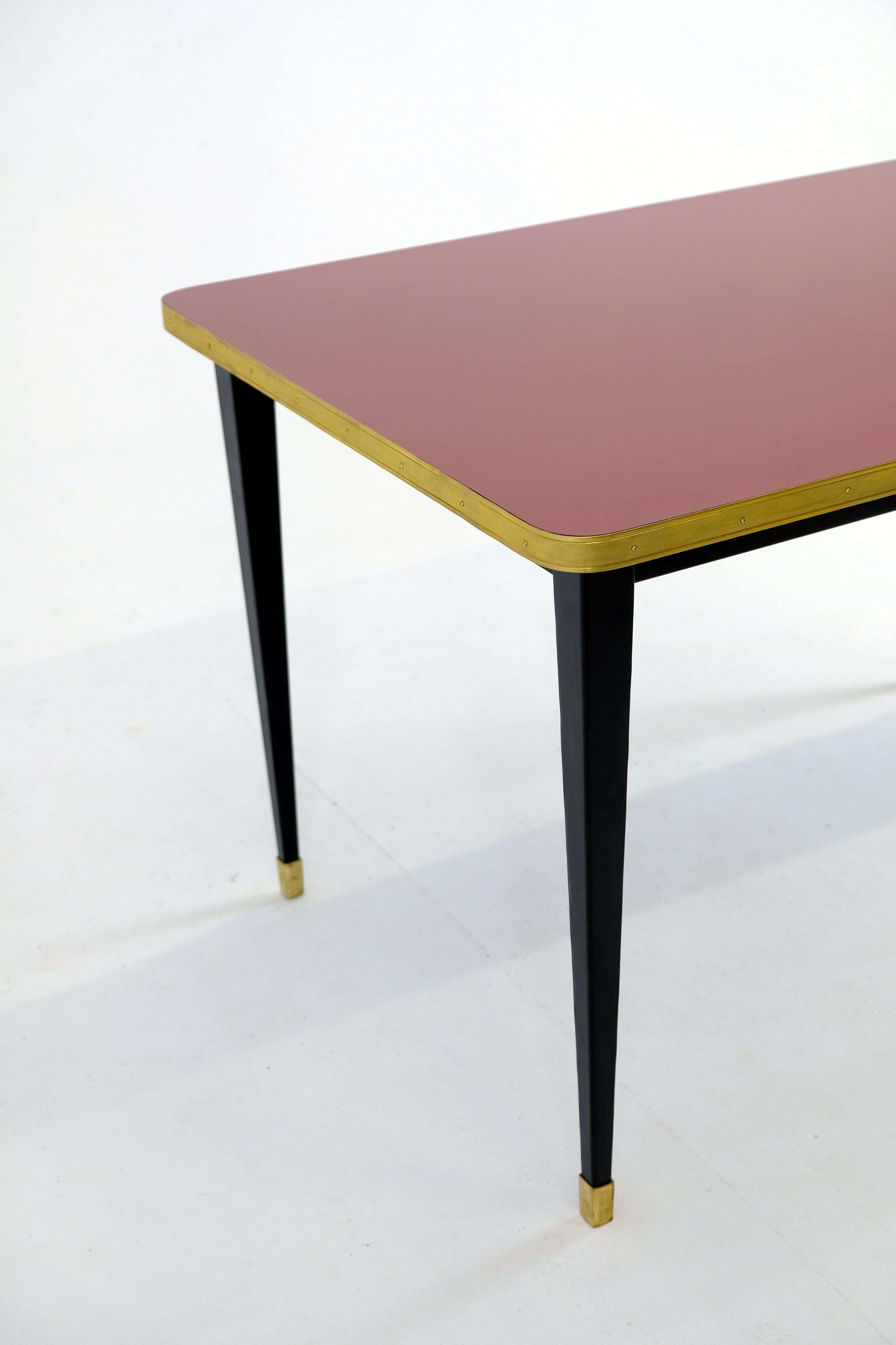Contemporary Dinning Table, High Gloss Laminate, Brass, Conic Legs, Burgundy- M For Sale