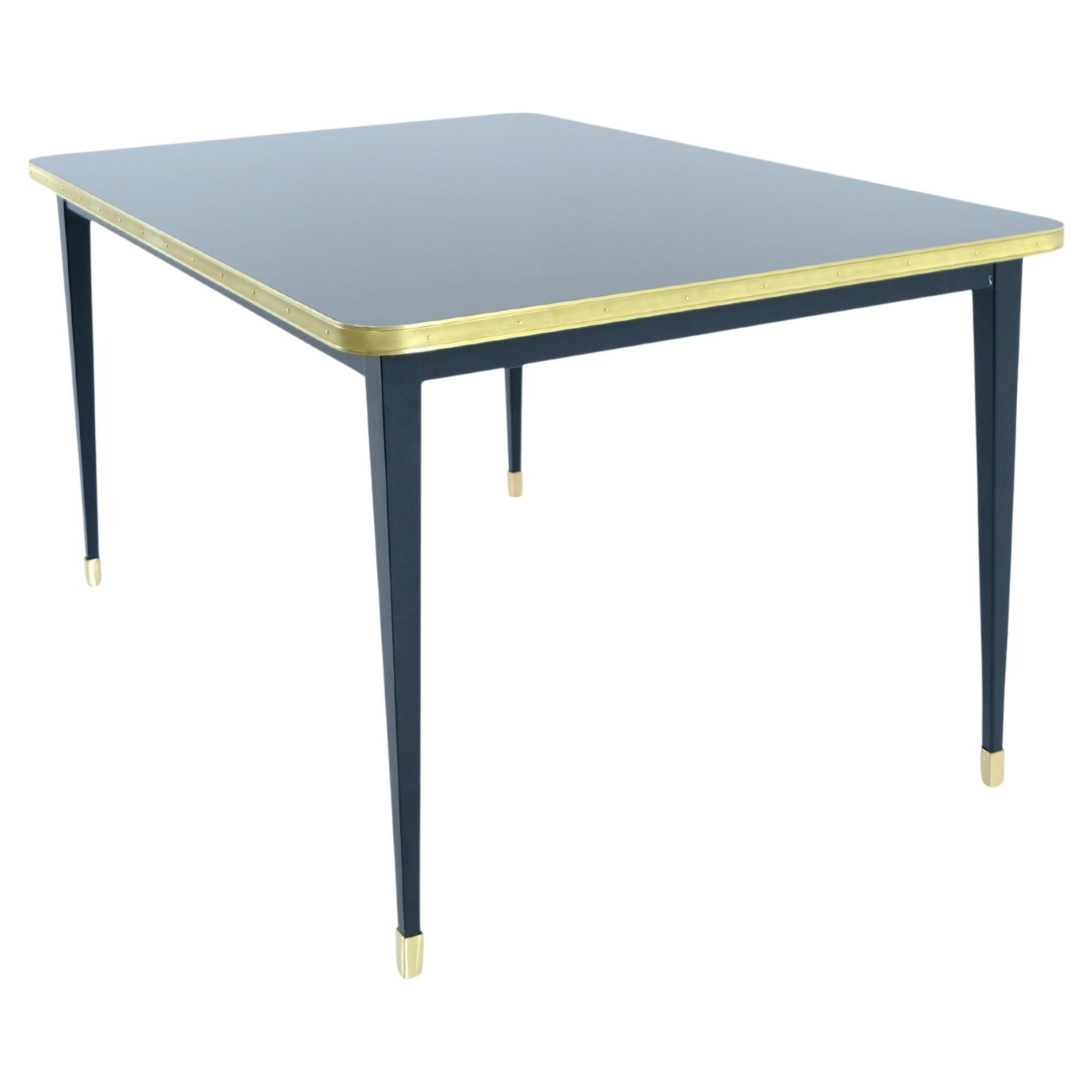 Table de salle à manger, stratifié brillant, laiton, pieds coniques, Navy Night Sea - XL