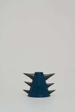 Dino Blue Sculptural Stoneware Candlestick, Contemporary Design