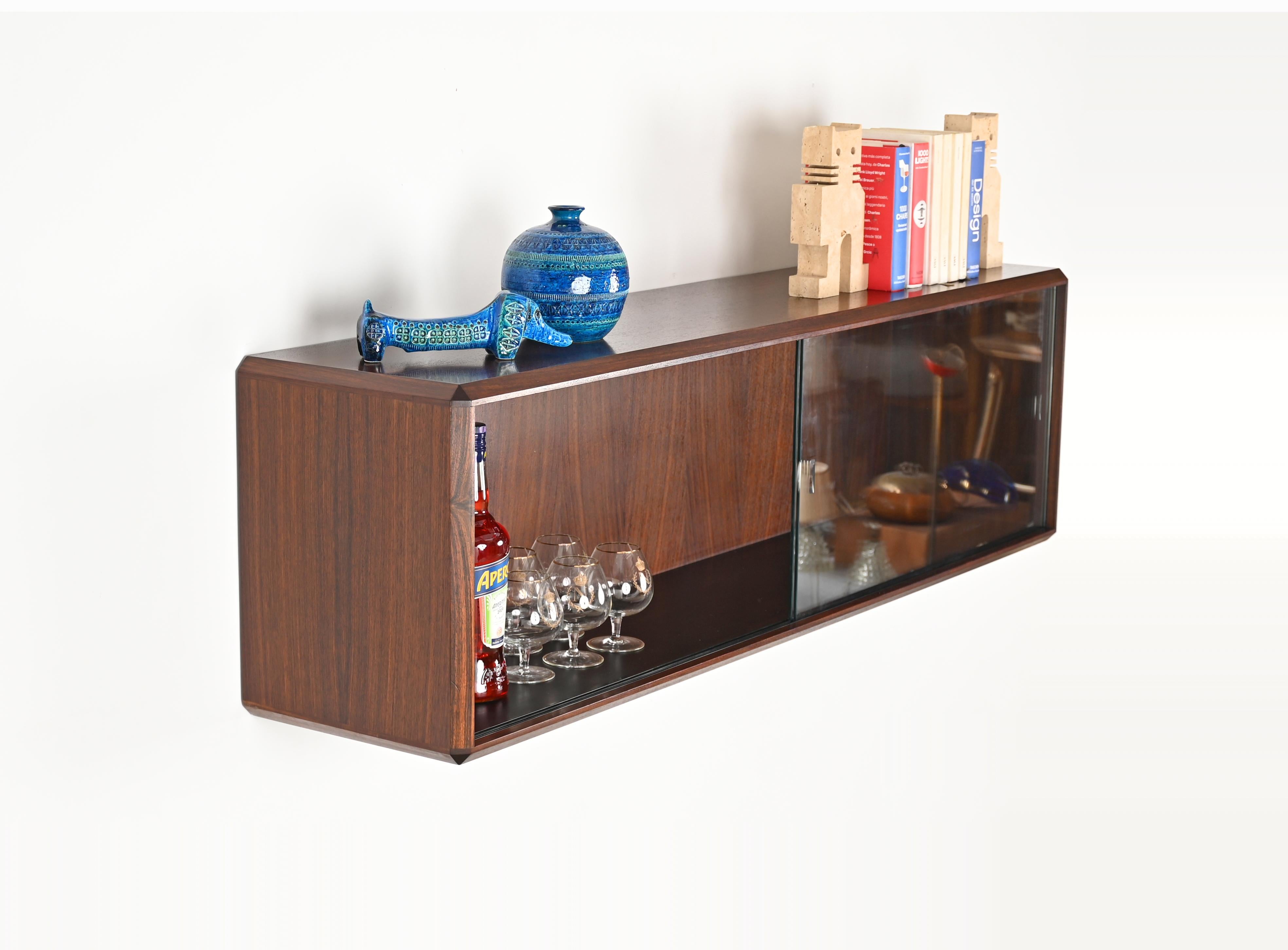Hand-Crafted Dino Cavalli Italian Showcase or Wall Shelf, Wood and Sliding Glass, Italy 1970s For Sale