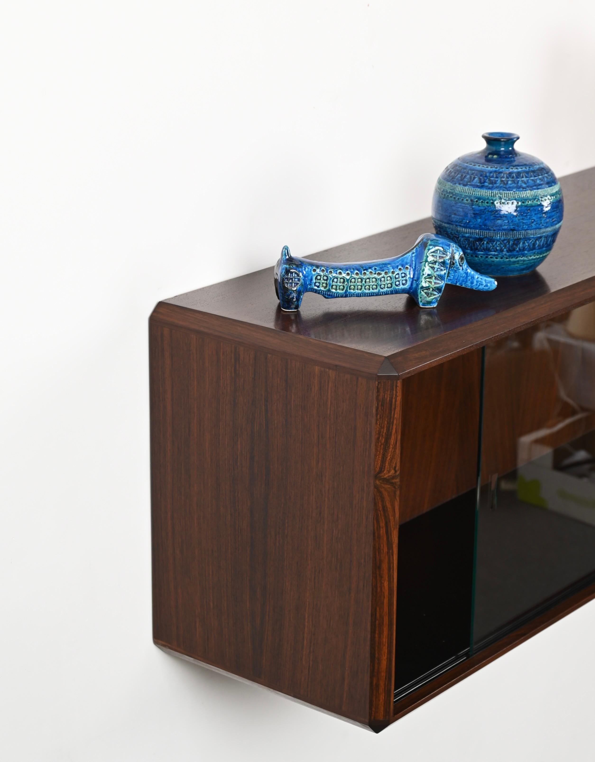 Dino Cavalli Italian Showcase or Wall Shelf, Wood and Sliding Glass, Italy 1970s In Good Condition For Sale In Roma, IT