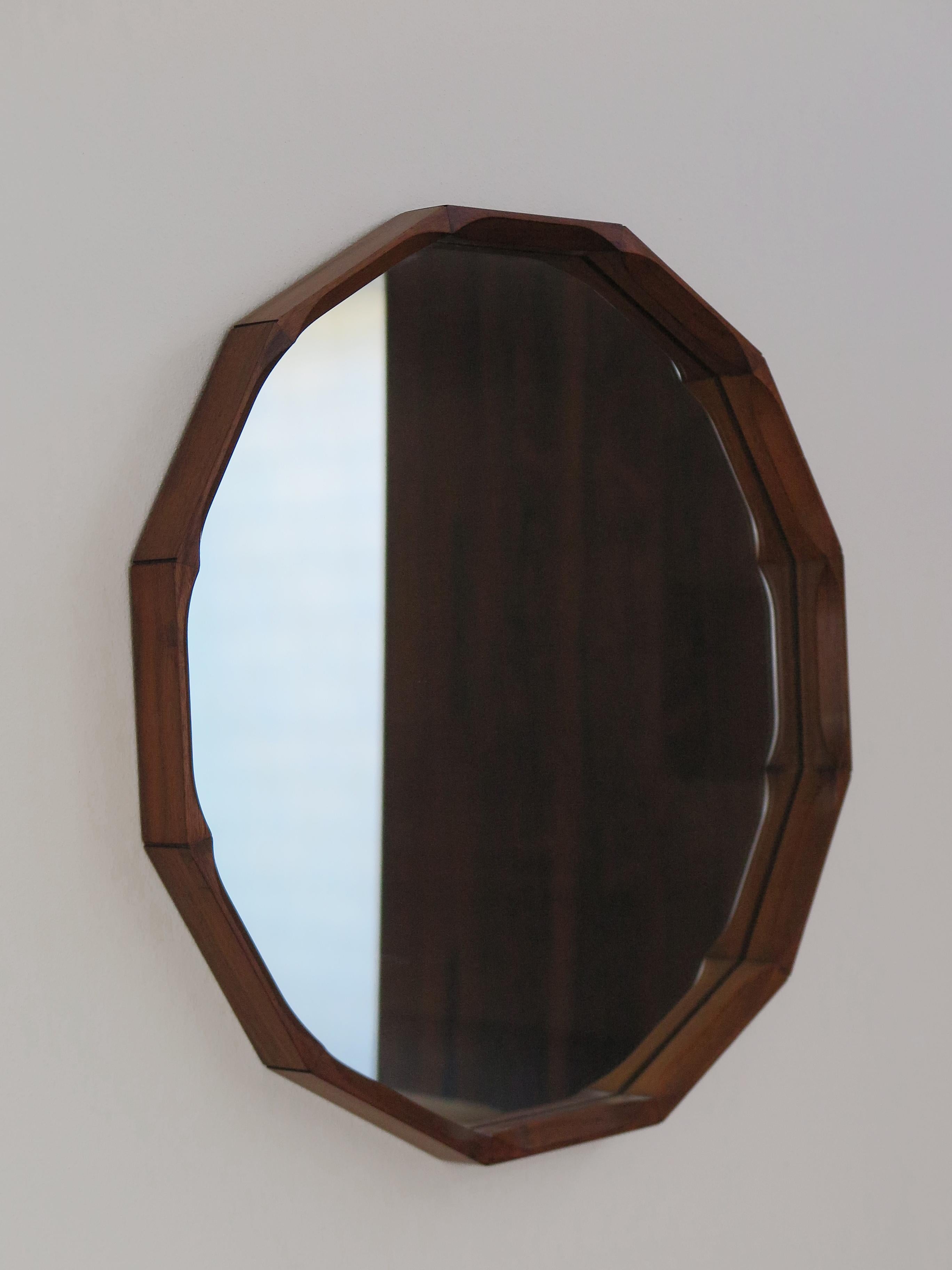 Italian dodecagonal, vintage modern antique wall mirror designed by designer Dino Cavalli and produced by Tredici with finely crafted solid walnut frame and special frame details as shown in photos, 1960s Italy production