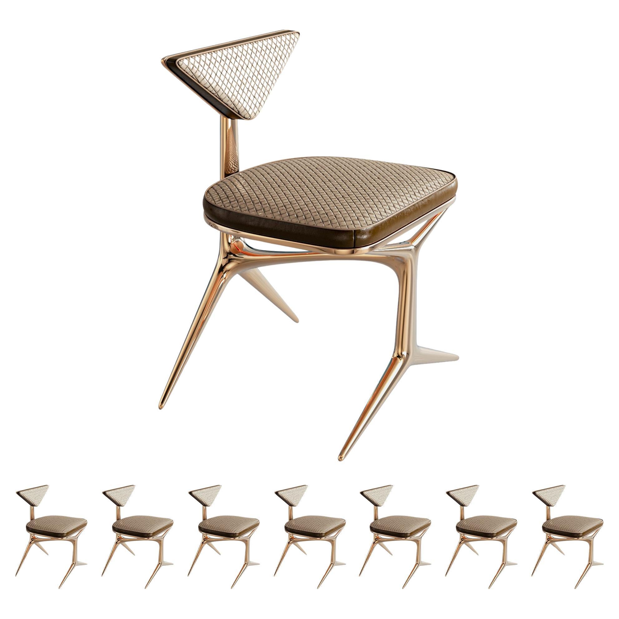 Stuhl "Dino", Achtergruppe, Bronze, maßgeschneidertes Leder, gewebtes Leder, Istanbul