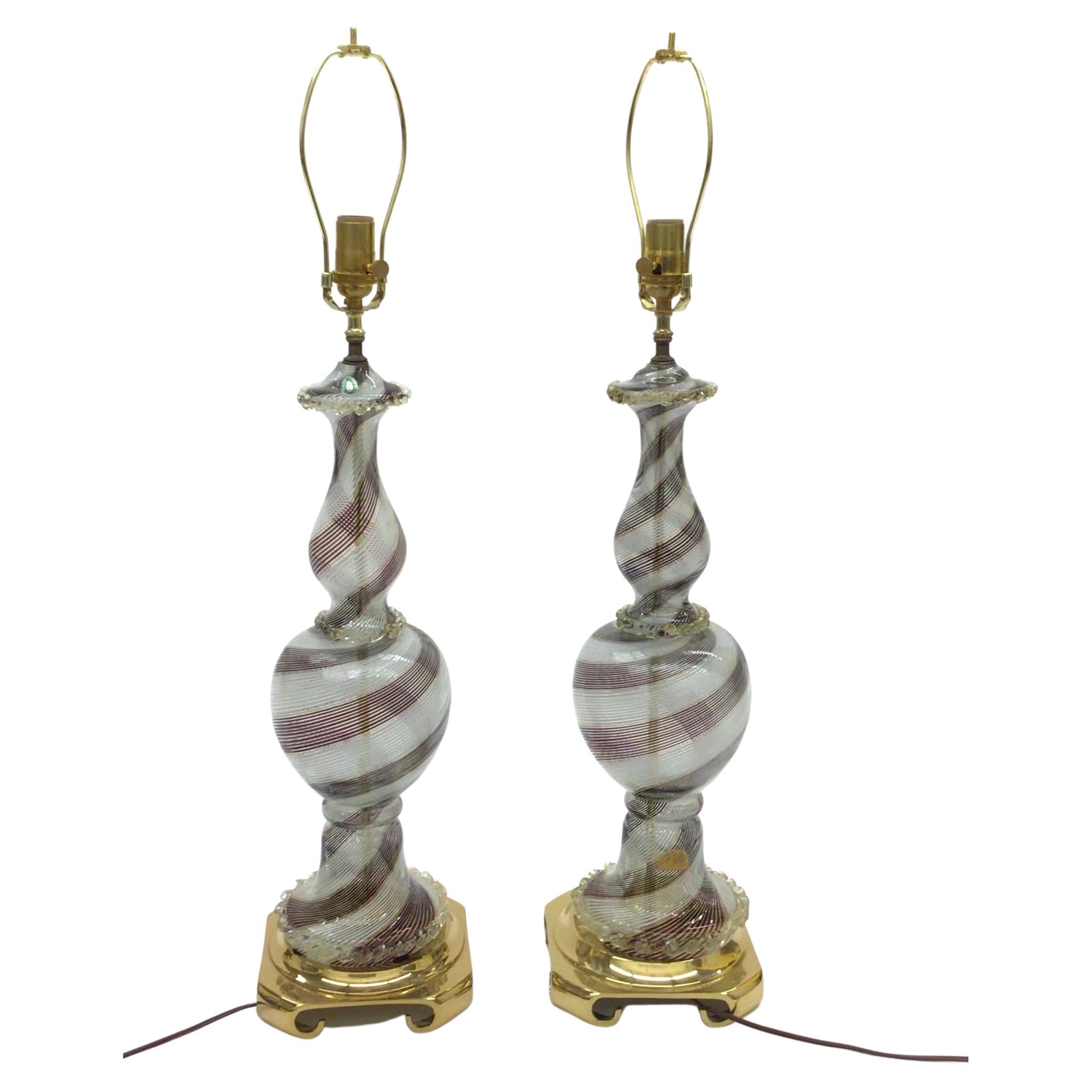 Dino Martens Aureliano Toso Large Pair of Murano Lamps in Mezza Filligrana Glass For Sale