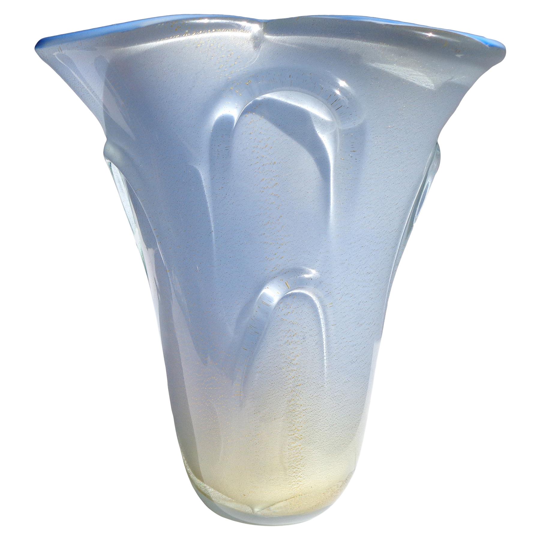 Dino Martens Aureliano Toso Murano Blue Gold Italian Art Glass Flower Vase