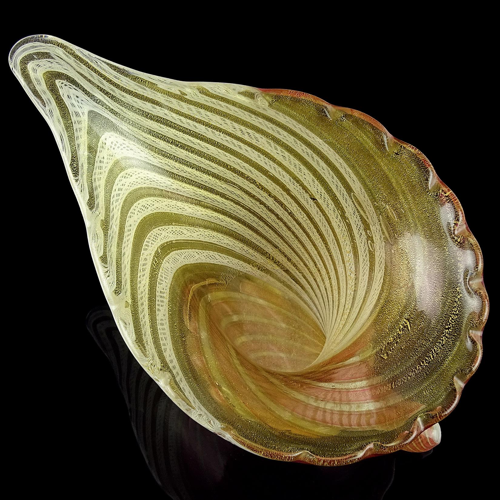 Hand-Crafted Dino Martens Aureliano Toso Murano Gold Flecks Italian Art Glass Flower Vase For Sale