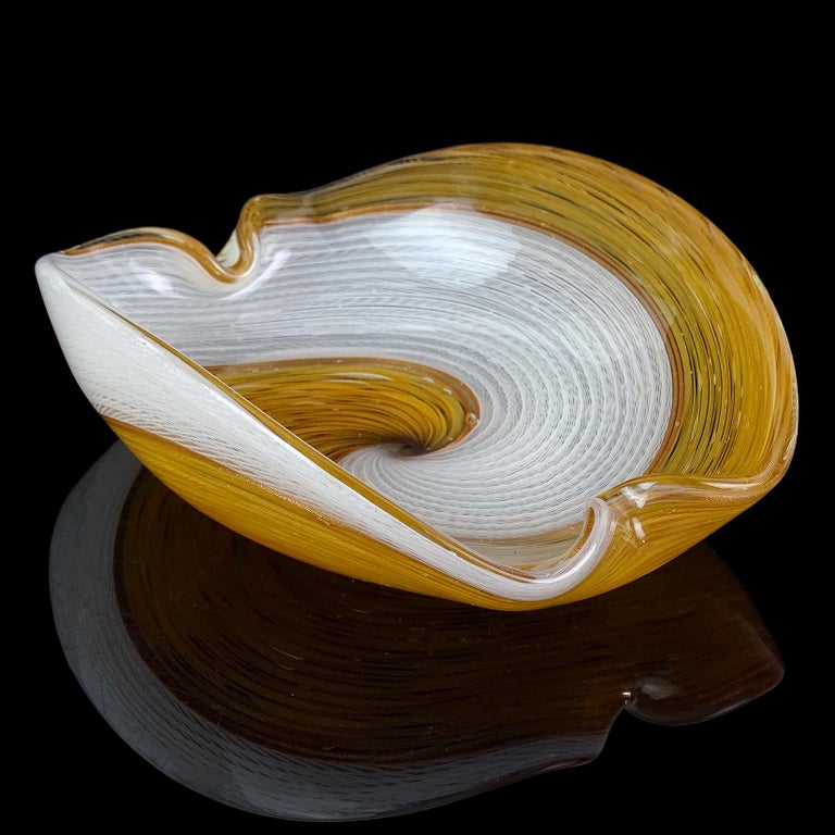 Hand-Crafted Dino Martens Aureliano Toso Murano Orange White Ribbons Italian Art Glass Bowl For Sale