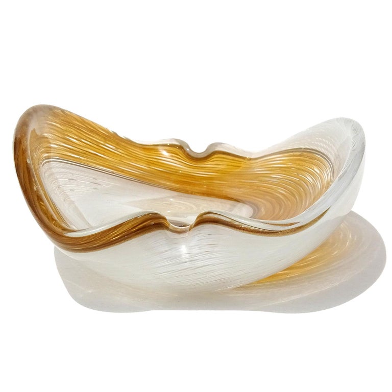 20th Century Dino Martens Aureliano Toso Murano Orange White Ribbons Italian Art Glass Bowl For Sale