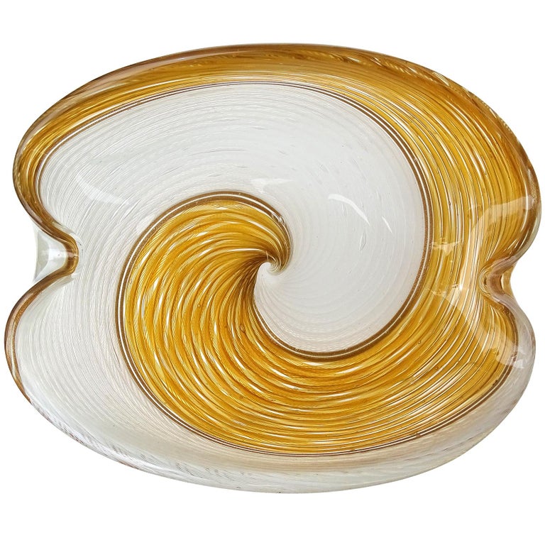 Dino Martens Aureliano Toso Murano Orange White Ribbons Italian Art Glass Bowl For Sale