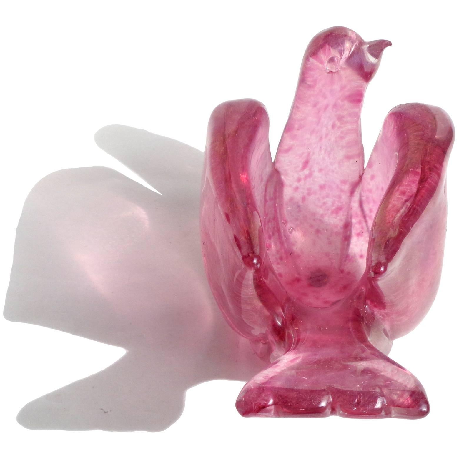 Gorgeous vintage Murano hand blown pink spots iridescent Italian art glass bird sculptural bowl. Documented to designer Dino Martens for Aureliano Toso, and published in his book (see last photo), circa 1950. Made with very thick glass. Can be used