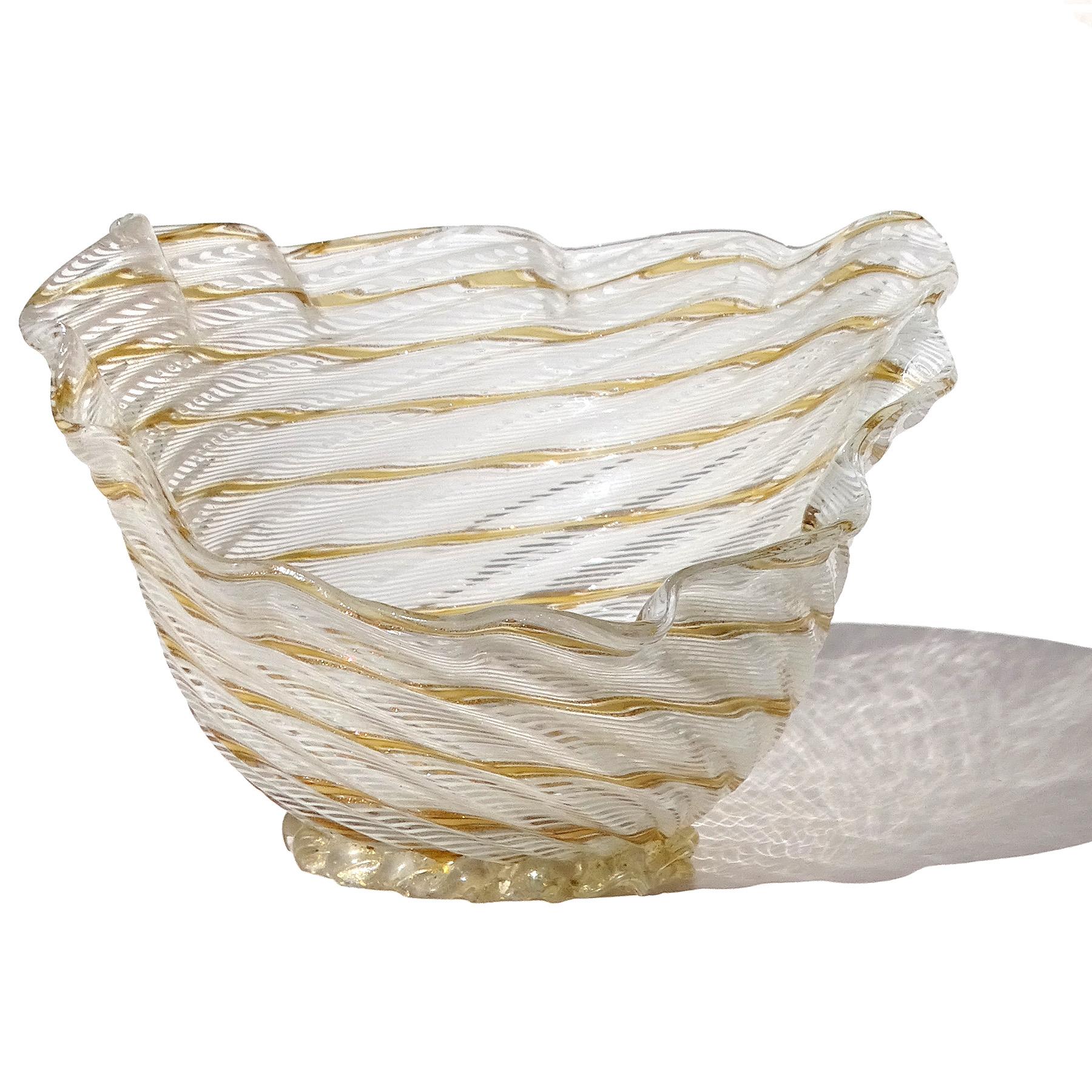 Hand-Crafted Dino Martens Aureliano Toso Murano White Orange Ribbon Italian Art Glass Bowl