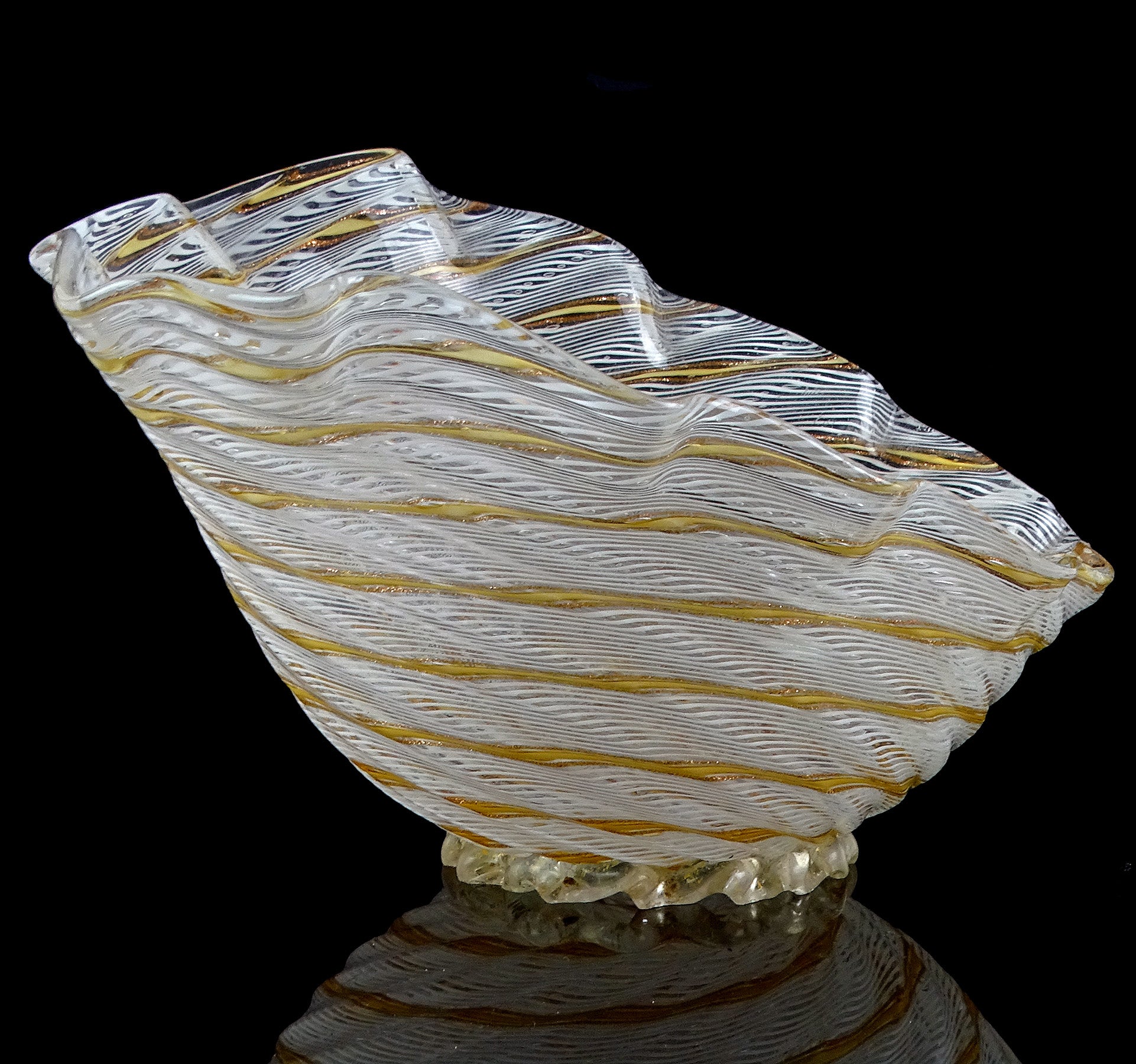 Dino Martens Aureliano Toso Murano White Orange Ribbon Italian Art Glass Bowl 1
