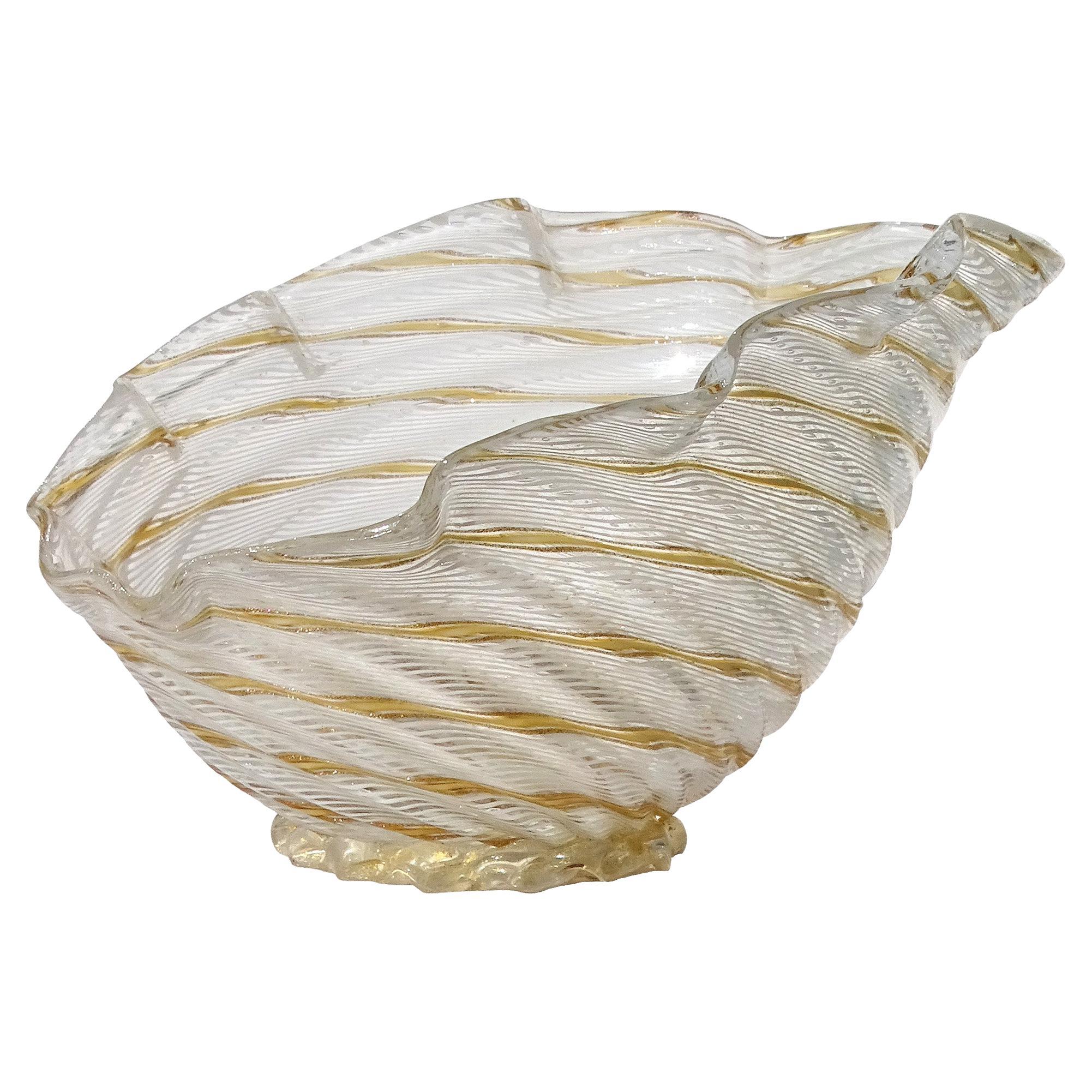 Dino Martens Aureliano Toso Murano White Orange Ribbon Italian Art Glass Bowl