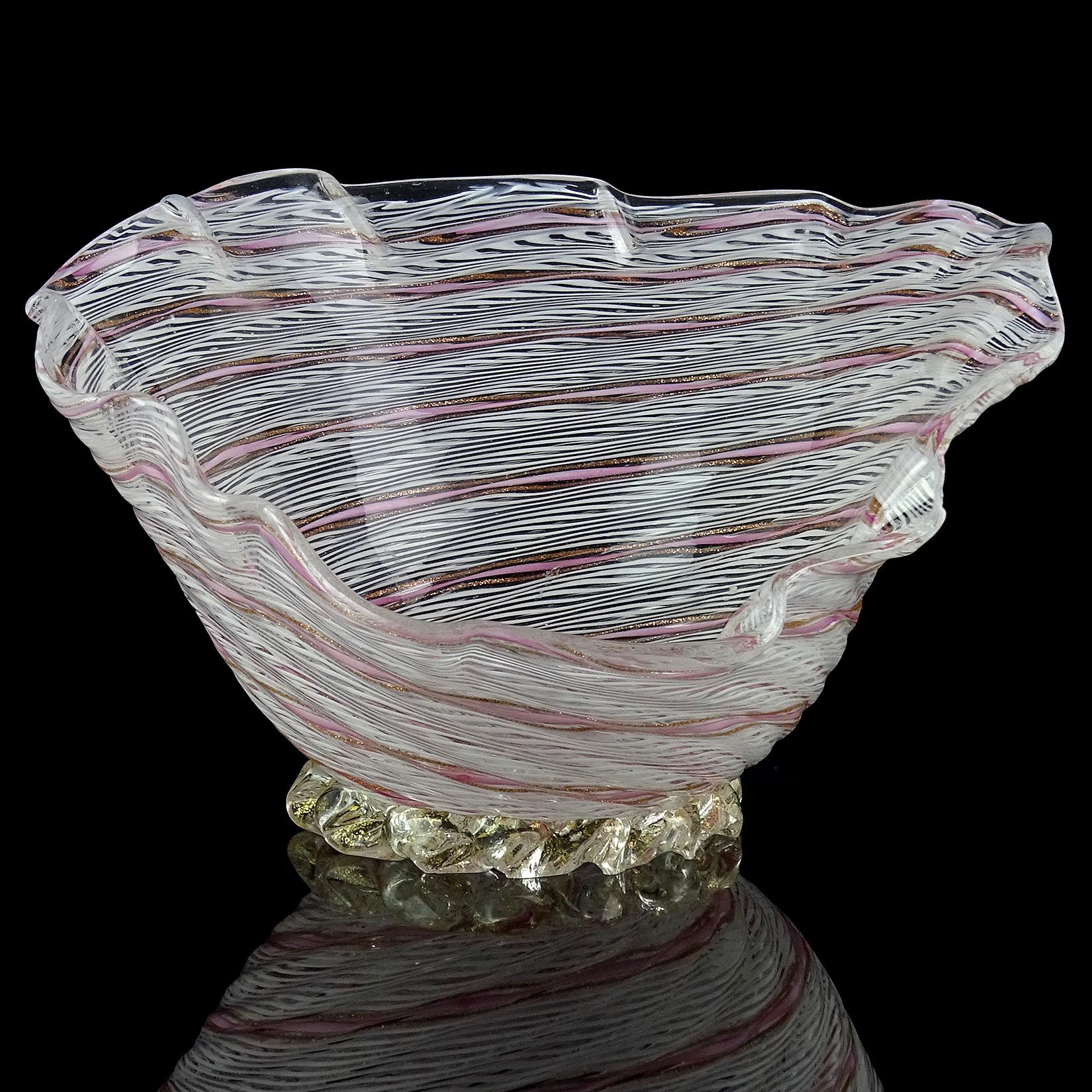 Mid-Century Modern Dino Martens Aureliano Toso Murano White Pink Ribbon Italian Art Glass Bowl Dish