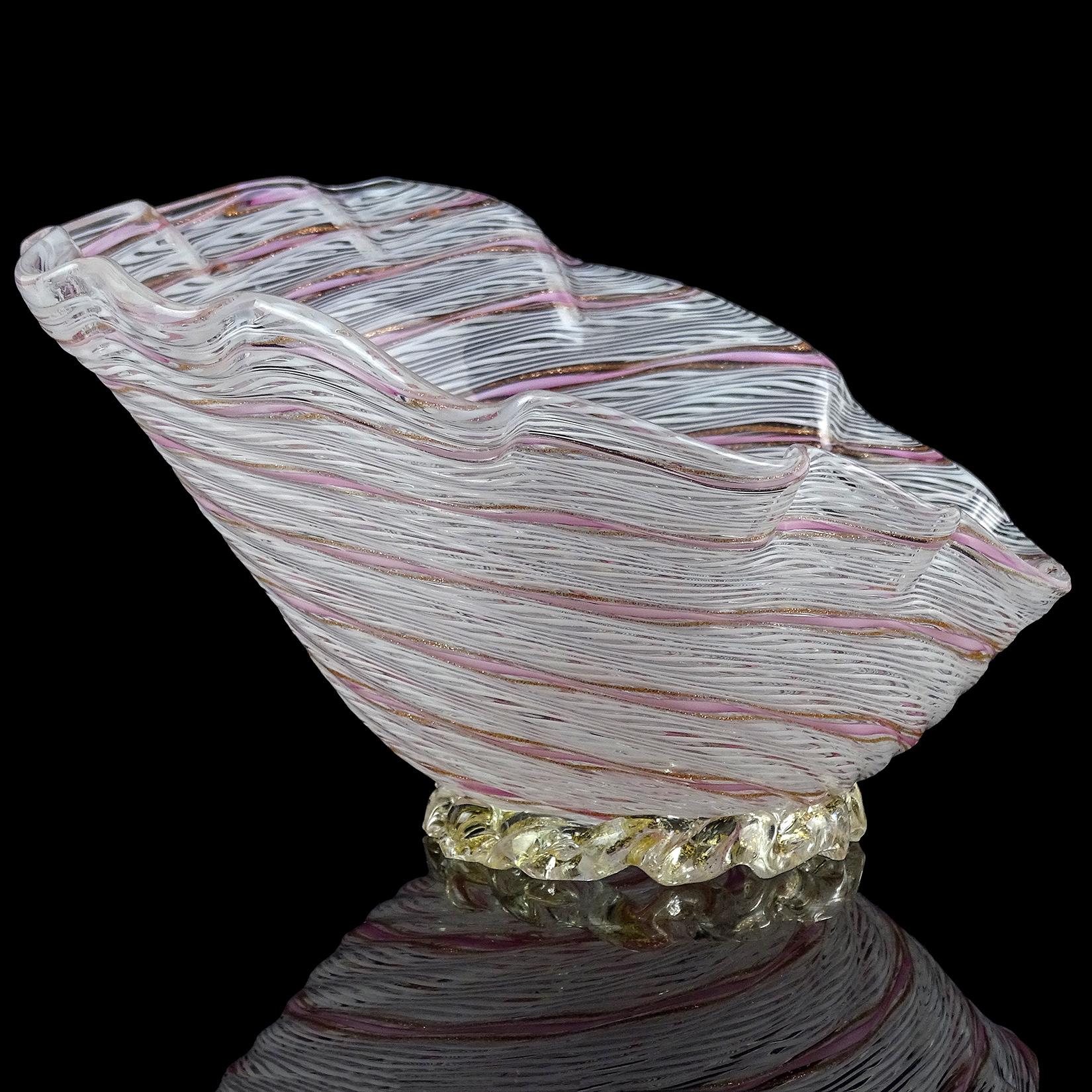Hand-Crafted Dino Martens Aureliano Toso Murano White Pink Ribbon Italian Art Glass Bowl Dish