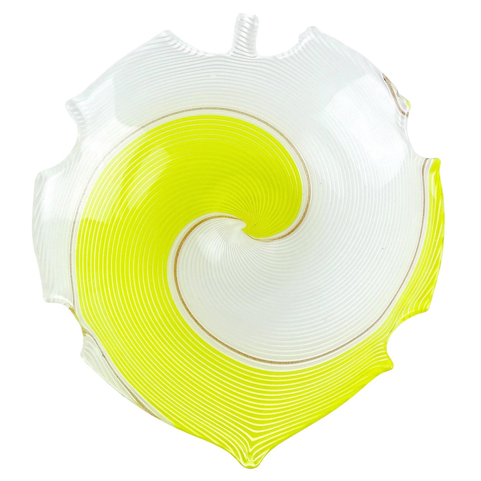 Dino Martens Aureliano Toso Murano Yellow White Ribbons Italian Art Glass Bowl