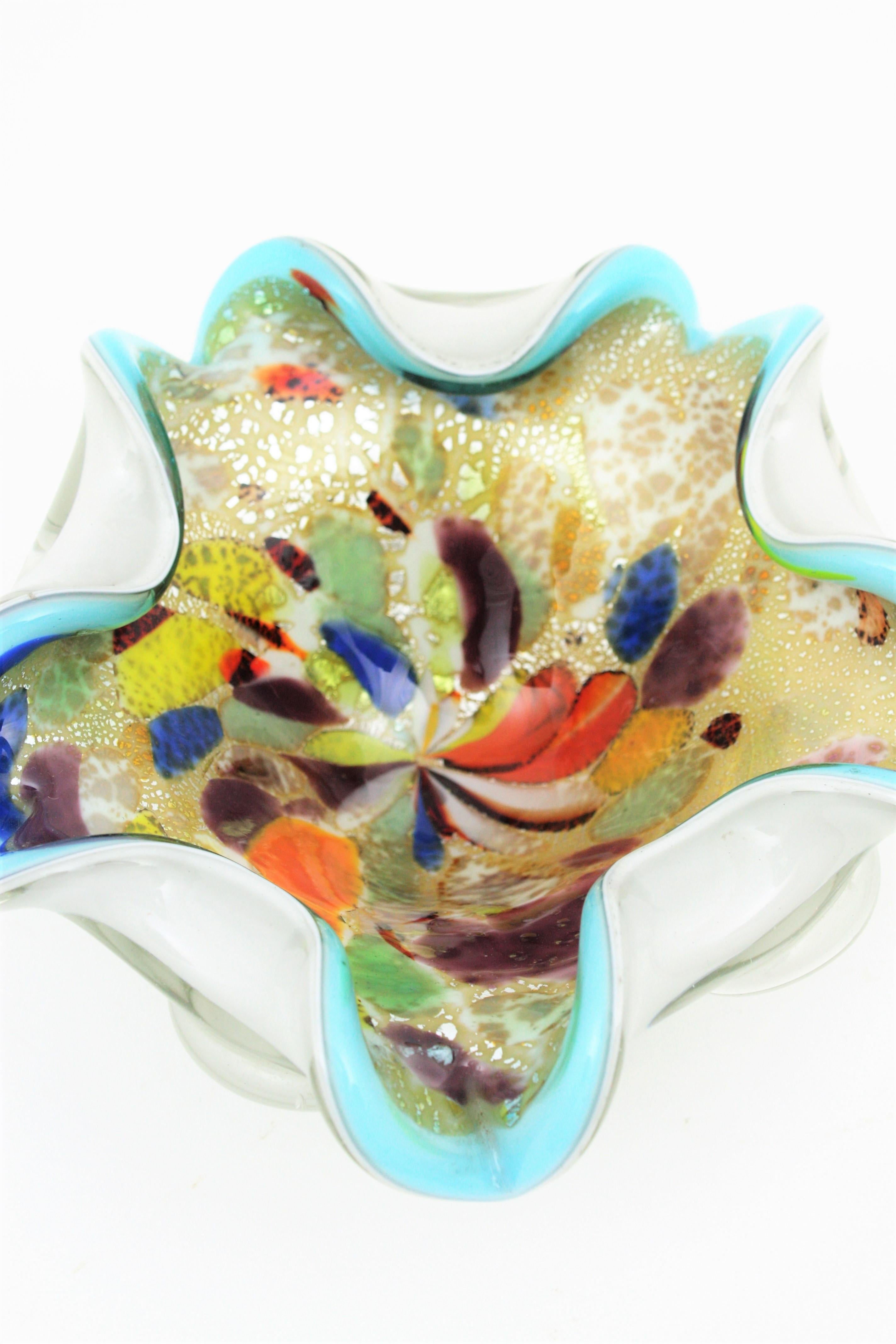 Dino Martens AVEM Multicolor Murrine Millefiori Blue Rim Art Glass Bowl For Sale 3
